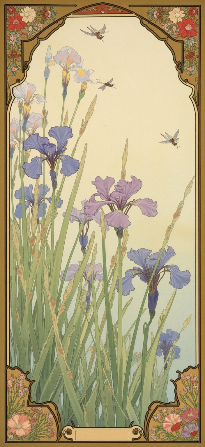 mucha, The painting unfolds a serene and enchanting tableau, where the delicate elegance of damselflies gracefully flits amidst a lush array of iris flowers and slender reeds. In the heart of this composition, the vibrant damselflies, with their gossamer wings glistening in a symphony of translucent hues, dance through the air, embodying the ethereal beauty of nature's delicate creatures. The iris flowers, resplendent in their rich purples and blues, stand tall and proud, their intricate petals unfurling like the gentle brushstrokes of a master artist. Towering reeds whisper secrets as the breeze rustles through them, adding a gentle, rhythmic movement to the stillness.

The scene is painted in the style that draws inspiration from flowing, organic lines and intricate decorative patterns. A harmonious blend of natural motifs such as flowers, vines, and celestial elements artistically weaves through the painting. The backdrop is a highly stylized and dreamlike tapestry, with a romantic aesthetic that captures the essence of Mucha’s artistry. Delicate colors merge with exuberant floral motifs, as sinuous vines intertwine with blooming flowers, and subtle geometric patterns enhance the composition with a refined, ornamental quality.

Encasing this lush natural scene is an elaborate ornamental frame, reminiscent of a grand Gothic window. This intricate border, adorned with organic patterns, flowers, and celestial symbols, serves as a visual unifier. It acts as a gateway into a dreamlike realm where nature and human emotion intertwine in poetic harmony.

The entire composition is centered to ensure a crisp, clean look, making it perfectly suited for printing as a digital wallpaper, transforming any space into a sanctuary of artful elegance and serene beauty.