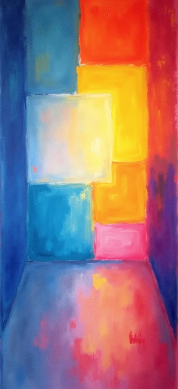 rothko, Enriched prompt: Imagine a luminous, ethereal office space painted with a complex layering of translucent colors that allow light to filter through, creating an appearance of "inner light" that infuses the entire scene with remarkable luminosity. The office is depicted with soft-edged rectangles and floating zones of color, each with blurred boundaries that melt and fuse together when observed closely. Richly varied surfaces characterize the entire scene, with paint drips or strokes running in unconventional directions, adding an unexpected dynamism and fluidity to the composition. The harmonious blend of colors and shapes creates a weightless ambiance, as if the elements are gently suspended in air. This captivating and immersive artwork is centered perfectly, designed to be a crisp, clean digital wallpaper that transforms any wall into a vibrant, inspirational masterpiece, inviting viewers to step into a transcendent office environment where creativity and serenity coexist.