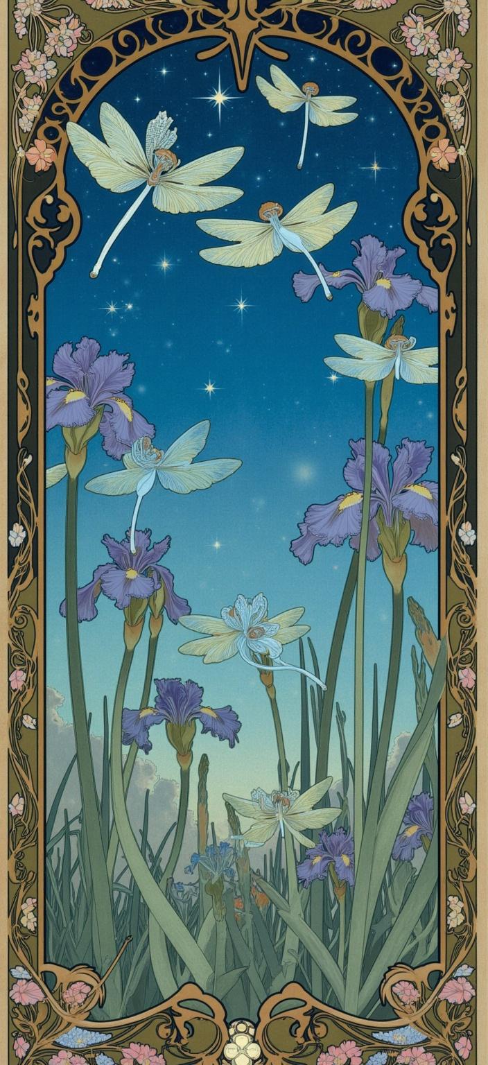 mucha, Enriched prompt: Picture a mesmerizing scene where vibrant blue and green dragonflies hover gracefully in the foreground, their translucent wings catching the soft starlight from a shimmering, indigo sky. These delicate creatures flutter before a lush backdrop of exquisite purple iris flowers, their petals falling like silk against the cool night air. Below, a tapestry of bullrushes and reeds forms a gentle, undulating landscape, adding depth and rhythm to the composition. The star-spangled sky above twinkles with tiny constellations, weaving a celestial tapestry that echoes the dreamlike quality of the scene.

This ethereal landscape is enveloped by an intricate frame of asymmetric art nouveau whiplash curves. The frame is a masterpiece in itself, a testament to the flowing, organic lines inspired by the style's essence. It intertwines exuberant floral motifs with delicate vines and subtle geometric patterns, creating a harmonious blend of nature's artistry. Each curve and embellishment is reminiscent of a Gothic window, detailed with an ornate display of flowers, celestial symbols, and precious embellishments that draw the eye inward, inviting viewers to step into this serene, romantic world.

The entire image exudes a dreamlike tranquility and refined ornamental quality that is perfect for digital wallpaper. The harmonious blend of intricate detail and timeless beauty ensures it serves as a stunning visual centerpiece, transforming any digital device into a gateway to this poetic realm where nature and emotion dance together under the glow of a starry night.