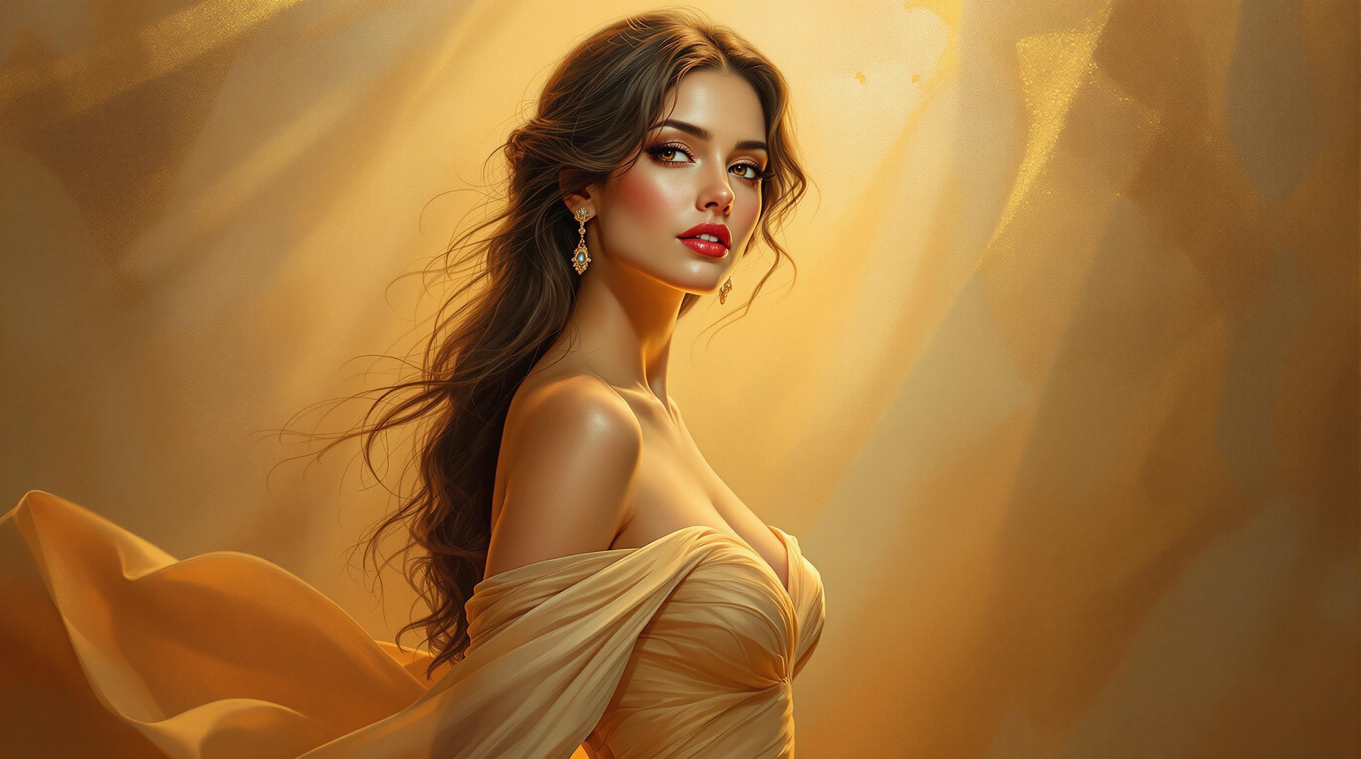 , A timeless masterpiece unfolds on the canvas, embodying the essence of classical artistry in a stunning, realistic portrait. At the heart of this creation stands a confident and beautiful woman, exuding grace in an elegant, form-fitting evening dress. The dress, expertly rendered, drapes her silhouette with precision and sophistication, capturing the delicate interplay of light and shadow in exquisite detail. 

Under the soft, golden illumination, her smooth skin glows with an ethereal warmth. The artist has skillfully applied subtle makeup to accentuate her natural beauty, while her sultry expression hints at both mystery and allure. Long, flowing hair cascades around her shoulders like a gentle waterfall, each strand meticulously painted to convey movement and texture.

The background is softly lit, awash with warm tones that create a harmonious backdrop, enhancing the subject without overshadowing her presence. The cinematic mood pervades the scene, inviting the viewer to linger in its exquisite ambiance.

This artistic and classy composition is a testament to the timeless elegance of the classical style, merging traditional techniques with contemporary realism. Rendered in 4K ultra-high resolution, the painting is a perfect fit for a sophisticated digital wallpaper, ensuring that every detail is captured with clarity and finesse, making it an impeccable choice for those seeking a distinguished and refined visual experience.