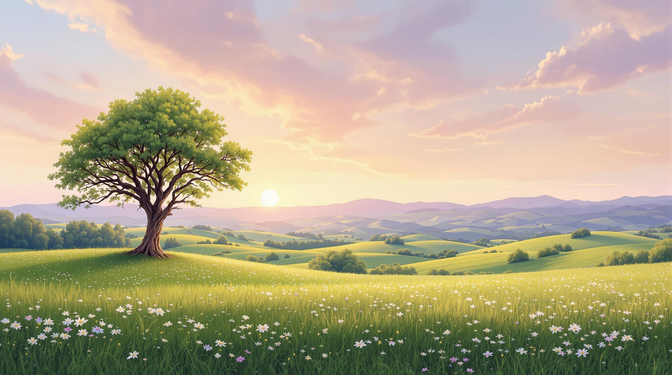 , Enriched prompt: Imagine a captivating digital wallpaper designed to elegantly grace the screens of mobile devices. The central focus of this artwork is a serene landscape, painted in the classical style, evoking a sense of timeless beauty and harmony. The scene is meticulously detailed, featuring a tranquil meadow, lush with verdant grass and dotted with delicate wildflowers swaying gently in an unseen breeze. In the backdrop, a majestic range of softly undulating hills stretches toward the horizon, bathed in the warm glow of a golden sunset that casts a gentle light over the entire scene. The sky is an artist’s gradient of pastel hues, seamlessly transitioning from soft pinks and oranges to deep purples and blues as day turns to dusk. In the foreground, a lone ancient oak tree stands, its gnarled branches reaching outward, offering a sense of strength and history. The painting’s composition is centered to ensure a crisp, clean look, perfectly suited for printing as a digital wallpaper, capturing the essence of classic art while remaining functional as a modern device background.