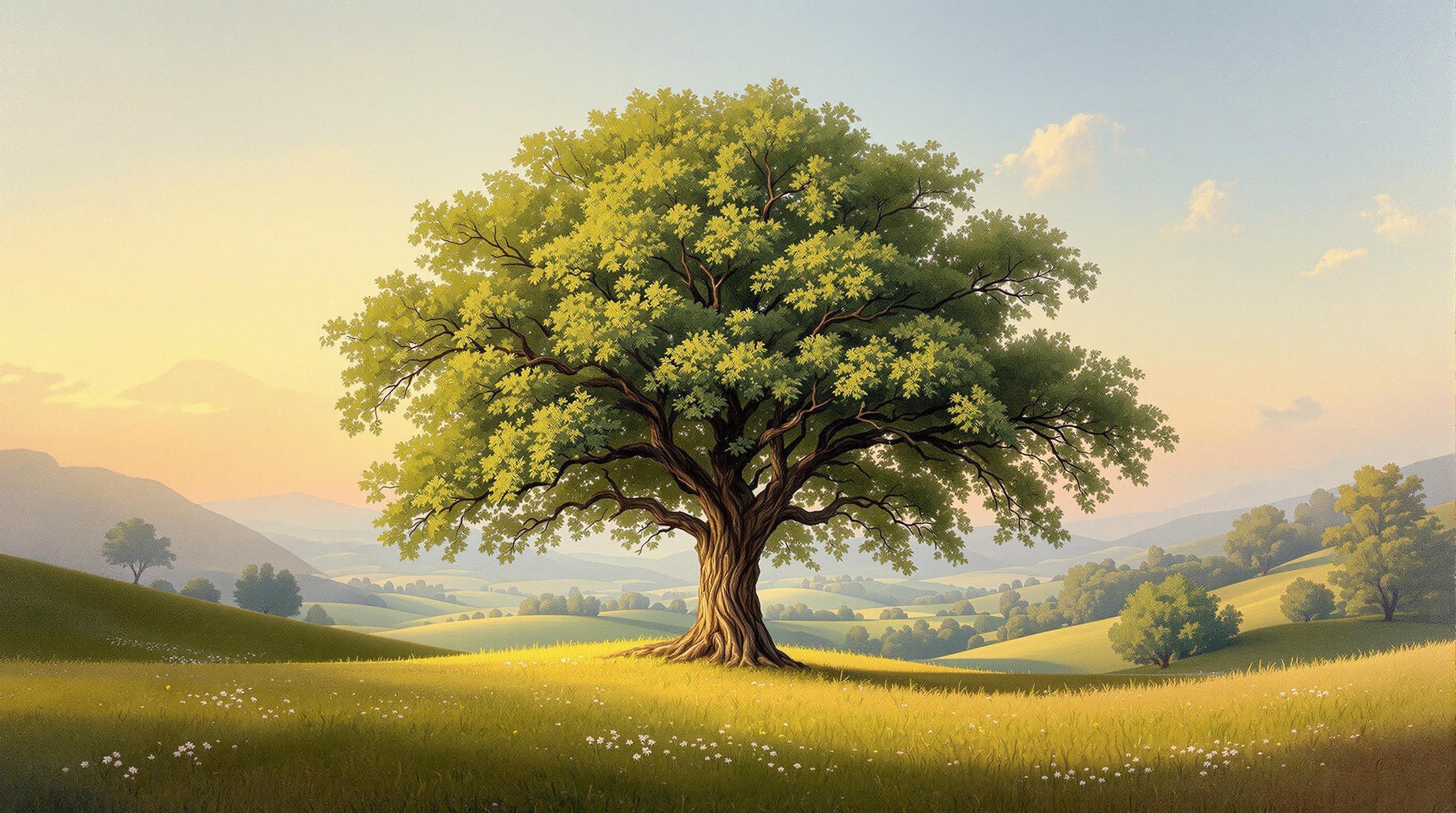 , In this classical-style painting, envision a breathtakingly beautiful tree standing majestically in the heart of a serene valley. The tree, with its luscious green foliage and intricate branches, serves as the focal point of the artwork, embodying strength and grace. Surrounding the tree, the valley unfolds in a harmonious blend of gentle rolling hills and lush meadows, depicted in soft, earthy tones and subtle shades to capture the natural beauty of the landscape. The sky above is painted with a delicate gradient from warm golden hues at the horizon, transitioning into a deep blue, signaling the tranquil hours of early evening. Bathed in gentle, natural light, the scene exudes a timeless quality, reminiscent of classical oil paintings. The composition is perfectly centered, ensuring a crisp, clean look that is ideal for a digital wallpaper, bringing an air of elegance and tranquility to any digital space.