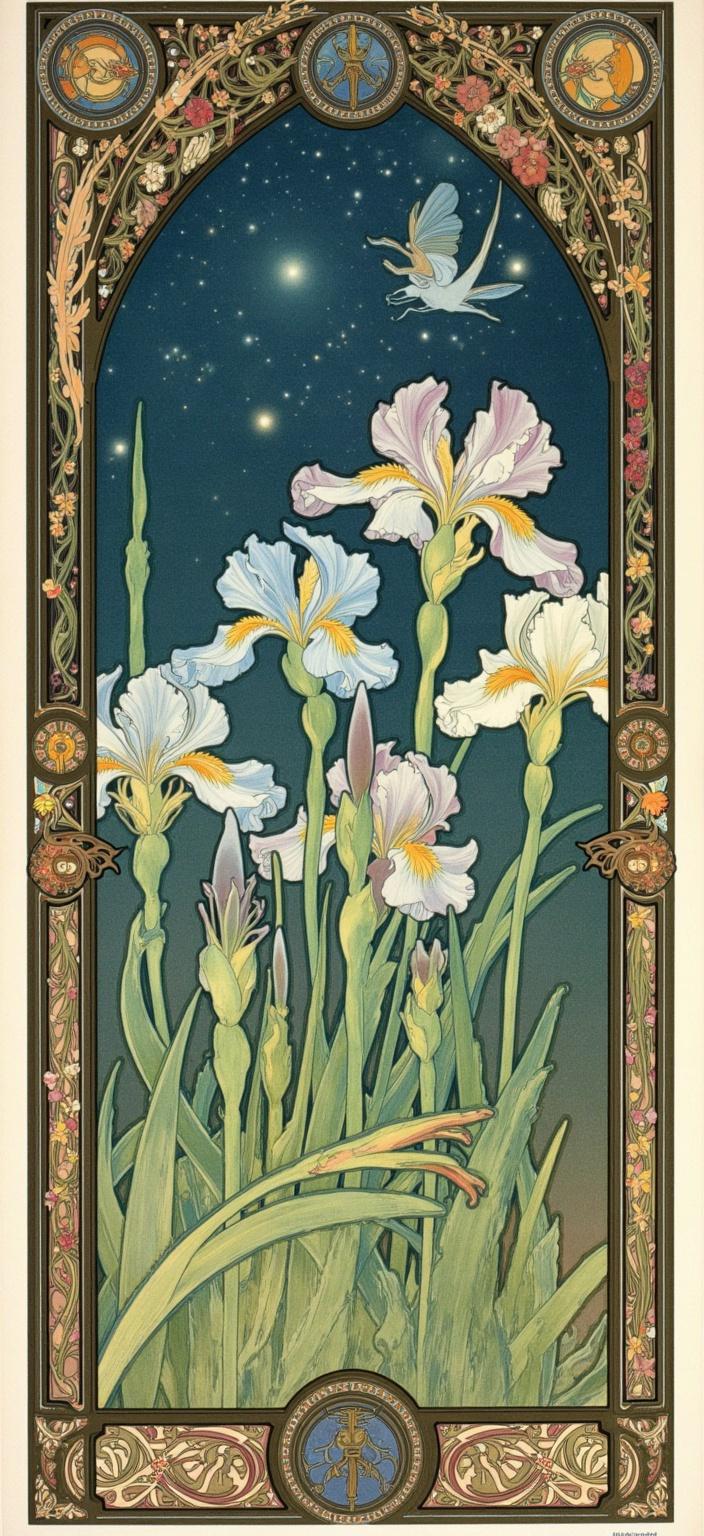 mucha, The painting captures an enchanting scene of blue and green dragonflies delicately dancing amidst the enchanting purple iris flowers. These blossoms are nestled among the earthy hues of bullrushes and reeds, their slender forms reaching upwards, guided by the gentle night breeze. All of this unfolds beneath a mesmerizing starry night sky, where each celestial body shimmers with a whisper of otherworldly light.

The image is deeply inspired by the flowing, organic lines and intricate decorative patterns typical of the Art Nouveau style, evoking a dreamlike, romantic aesthetic. It presents a harmonious blend of natural motifs, seamlessly merging fine art with design. The composition is enriched with a soft palette of delicate colors and exuberant floral motifs, composed of sinuous vines and blooming flowers. Subtle geometric patterns lend the visual a refined, ornamental quality.

The entire scene is enveloped within an elaborate ornamental frame, reminiscent of a grand Gothic window. This intricate border, adorned with sweeping curves and detailed embellishments, features organic patterns, flowers, and celestial symbols. These elements not only unify the visual composition but also act as a gateway into a realm where nature and human emotion intertwine in poetic harmony. This art piece is centered with precision to ensure a crisp, clean look that enhances its appearance as a digital wallpaper, transforming any screen into a portal to a world of mystical beauty.