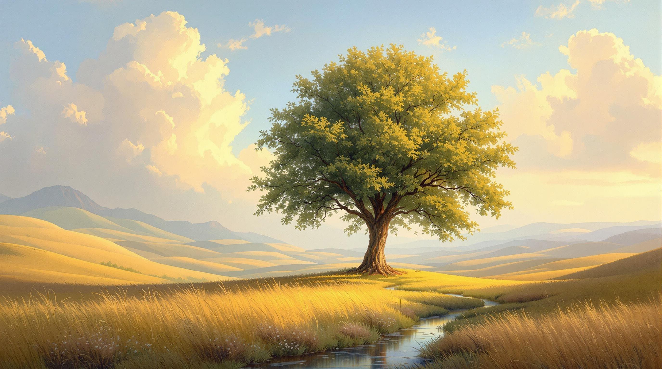 , A breathtaking painting captures the serene beauty of a single, majestic tree standing gracefully in the heart of a sprawling valley. This classical-style masterpiece draws inspiration from the romantic landscapes of renowned artists, utilizing gentle brushstrokes and a warm, harmonious color palette that seamlessly blends earth tones with soft pastels to evoke a sense of timeless elegance. The tree, a symbol of strength and tranquility, is depicted with intricate detail, its lush foliage cascading with various hues of green that dance under the play of dappled sunlight.

The valley around the tree is painted with sweeping, rolling hills that stretch into the distance, offering a sense of depth and perspective typical of classical artistry. A gentle stream meanders through the scene, reflecting the sky's delicate hues and adding a touch of motion to the otherwise tranquil setting. The sky is vast and expansive, filled with billowy clouds that capture the nuanced shifts in light, from the golden warmth of dawn to the deeper, serene blues of approaching dusk.

This exquisitely detailed composition is centered perfectly, ensuring a crisp and clean aesthetic that makes it an ideal choice for digital wallpaper. Its classical elegance and balanced design create a calming and inviting atmosphere, transforming any digital space into an oasis of natural beauty and serenity.