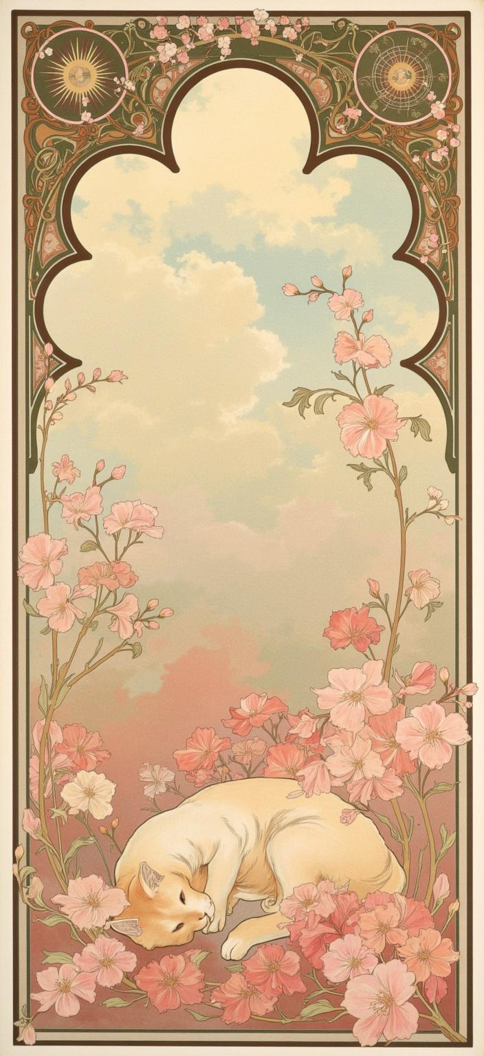 mucha, Title: Whiskers in Paradise

In a captivating dreamscape that blends the boundaries between the natural world and the realm of design, a charming scene unfolds featuring the enchanting presence of a serene cat amidst a lush expanse of pink flowers. Rendered in a style inspired by the graceful elegance of Mucha, this composition captures a harmonious balance of flowing, organic lines and intricate decorative patterns. 

At the heart of the painting, the feline subject rests, its fur a delicate tapestry of soft pastels that melt seamlessly into the surrounding floral bounty. Each pink blossom unfurls with exquisite detail, their petals a symphony of subtle blush tones that dance in gentle contrast to the cat's serene demeanor. The flowers, intertwined with sinuous vines, meander across the canvas, weaving through the air like the strands of a gentle melody.

Behind this central tableau, a highly stylized background emerges, infused with a dreamlike, romantic aesthetic. Delicate colors swirl harmoniously, creating a celestial atmosphere that drifts seamlessly between earthly beauty and ethereal wonder. Subtle geometric patterns lace through the composition, adding an ornamental quality that elevates the visual experience.

Encapsulating the entire scene, an elaborate ornamental frame stands as a testament to Gothic grandeur. Its sweeping curves and meticulous embellishments echo the silhouette of a grand window, drawing the viewer into a world where nature and emotion entwine with poetic grace. This border, adorned with organic motifs, flowers, and celestial symbols, acts as both a visual anchor and an invitation to explore a realm beyond the ordinary.

This painting, meticulously centered, is tailored to adorn digital wallpapers, ensuring a crisp and clean aesthetic that enhances any digital space, inviting those who behold it to escape momentarily into a world where nature and beauty reign supreme.