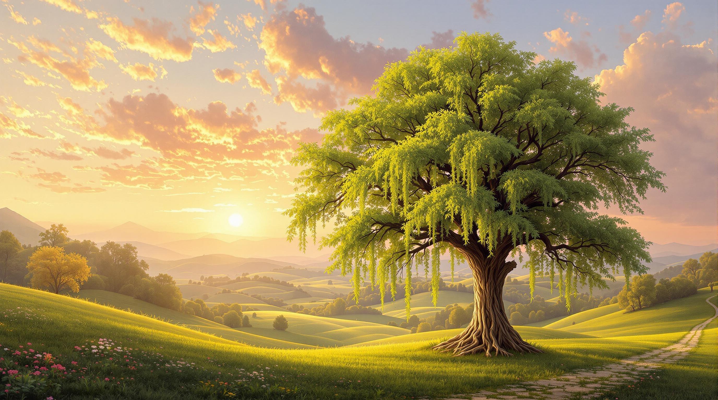 , A breathtaking classical painting of a beautiful, majestic tree standing proudly in the heart of a serene valley. The composition captures the essence of nature's tranquility, with the tree's lush, verdant leaves cascading gracefully down its branches. In the background, the valley unfolds with gently rolling hills, bathed in the soft, golden light of a setting sun. The sky, a tapestry of warm oranges, pinks, and purples, casts a gentle glow over the landscape, adding a sense of timeless beauty and harmony. The style draws inspiration from classical art, with meticulous attention to detail and a focus on achieving a harmonious balance between light and shadow. This image is centered to ensure a crisp, clean look that is ideal for printing as a stunning digital wallpaper, bringing an air of elegance and tranquility to any space.