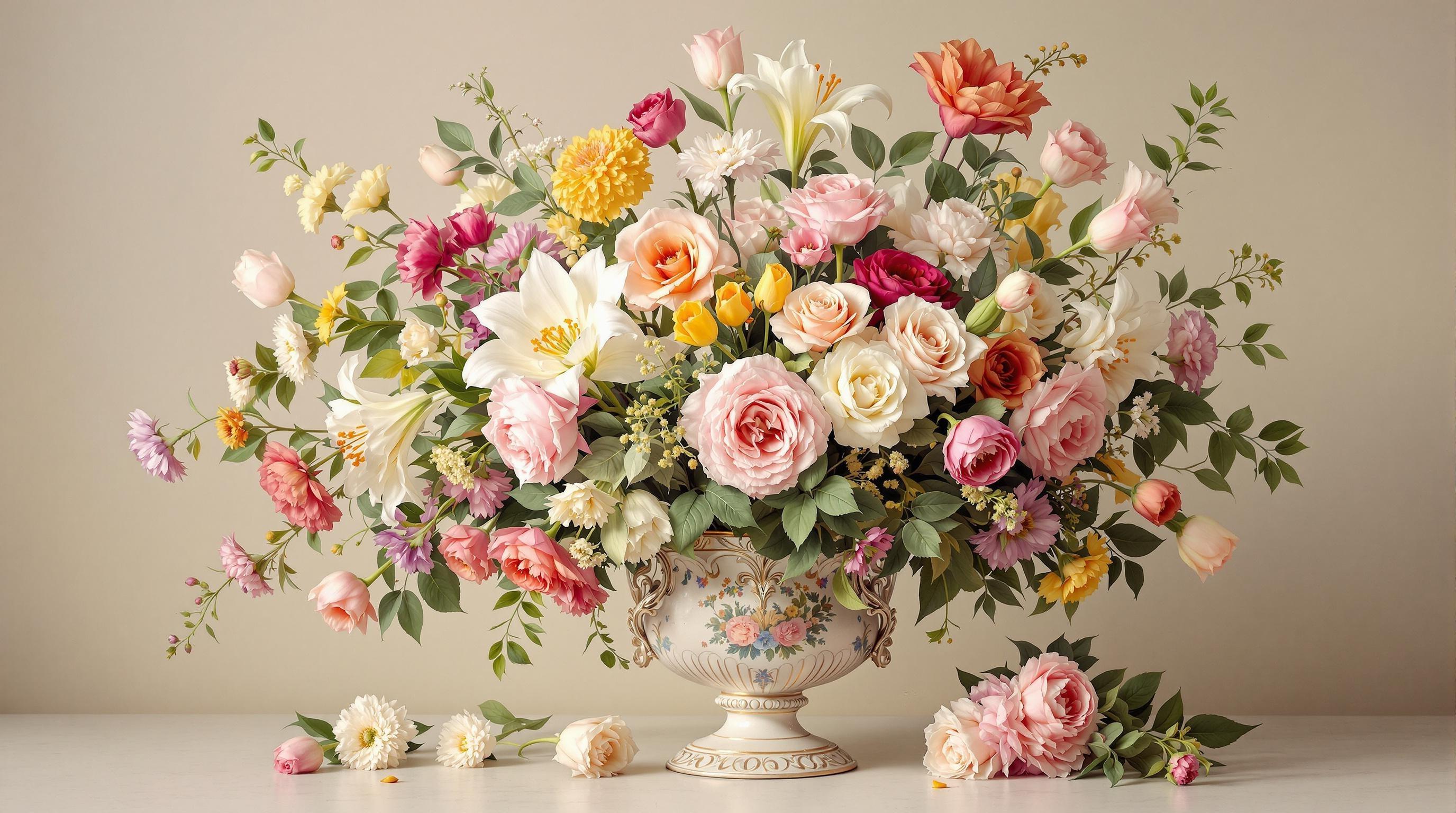 , Create a captivating digital wallpaper featuring a classical still life of a vase filled with an abundant and vibrant arrangement of flowers. The composition should exude the timeless elegance typical of classical art, with meticulous attention to details such as the light playing across the petals and leaves, casting gentle shadows that enhance the depth and realism of the scene. The flowers should vary in shades and species, including roses, tulips, and lilies, all carefully arranged in a beautifully ornate vase. The background should be softly subdued, allowing the colors and intricate details of the flowers to take center stage. Ensure the image is centered, perfectly balanced, and composed to bring out a crisp, clean aesthetic, making it ideal for a digital wallpaper that can be printed with stunning clarity and sophistication.