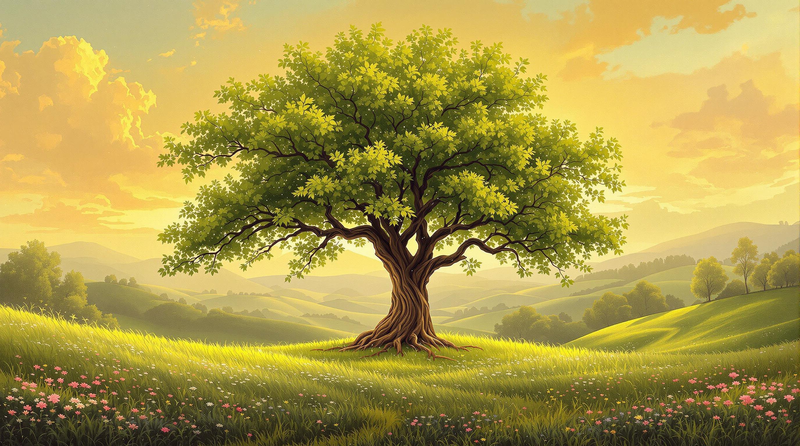 , Envision a serene and captivating scene of a beautiful, majestic tree standing gracefully in the heart of a lush valley. This painting, inspired by the classical style, captures the essence of nature’s timeless beauty and tranquility. The tree, with its robust trunk and sprawling branches, is adorned with a rich canopy of leaves that shimmer in various shades of green, teased gently by a soft, unseen breeze. Lush grass and wildflowers blanket the valley floor, their vibrant colors creating a harmonious contrast against the tree’s earthy tones. In the distance, gentle hills roll into the horizon, enveloped in a soft, atmospheric haze that evokes a sense of depth and serenity. The sky above is an exquisite blend of warm, golden hues as the sun sets, casting a gentle, ethereal light across the landscape. This painting is meticulously centered to ensure a crisp, clean look, making it the perfect digital wallpaper that encapsulates both the grandeur and peace of nature in a classical aesthetic.