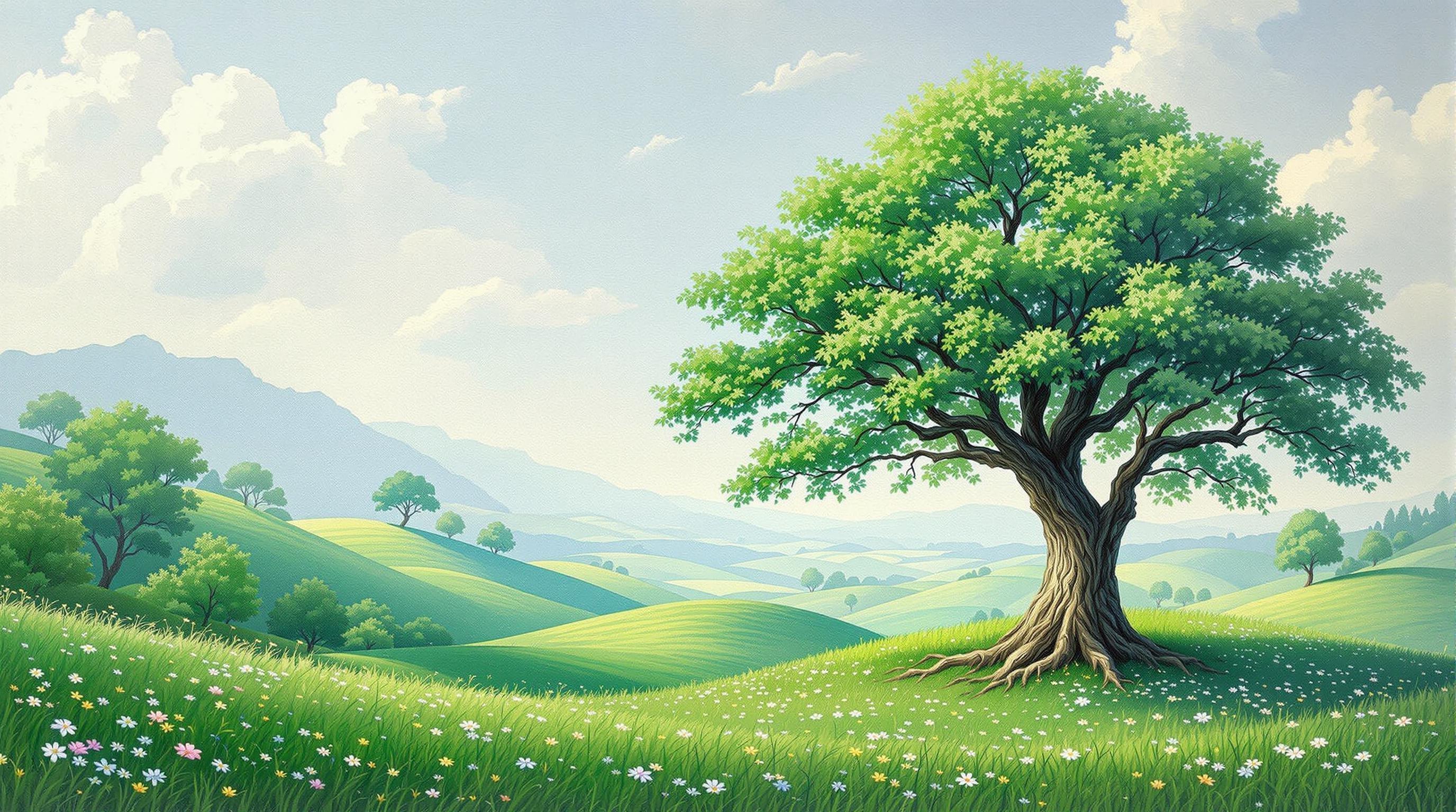 , Enriched prompt: A breathtaking scene unfolds in this classical-style painting, capturing the serene beauty of a majestic tree standing gracefully in the heart of a lush valley. The tree, with its sprawling branches and vibrant green leaves, becomes the focal point, exuding an aura of tranquility and timelessness. Surrounding the tree, the valley softly undulates with rolling hills, covered in a verdant sea of grass and dotted with delicate wildflowers. In the background, gentle slopes rise towards a distant horizon, where the sky meets the earth in a harmonious blend of soft blues and warm earth tones. The classical style infuses the painting with a sense of grandeur and depth, rich in texture and detail, reminiscent of a masterful work from centuries past. The composition is perfectly centered, ensuring a crisp, clean look that will serve as a striking digital wallpaper, transforming any screen into a window to this tranquil and eternal landscape.