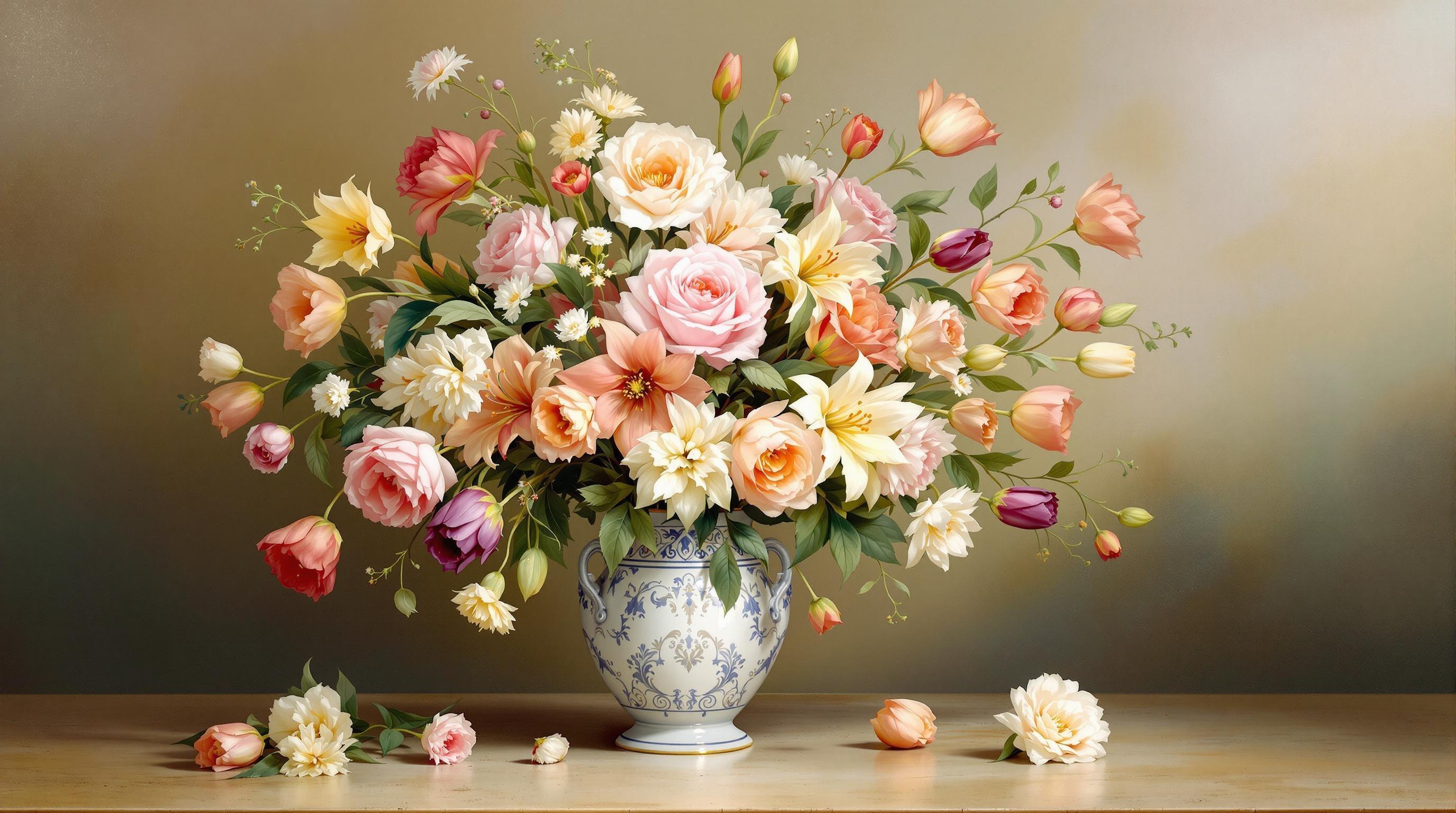 , A captivating still life painting depicting a vase of flowers, meticulously arranged to create an air of timeless elegance and serenity. The flowers, a harmonious blend of roses, lilies, and tulips, burst forth with vibrant colors, each petal rendered with exquisite detail and subtle gradations of light and shadow. The vase, a delicate porcelain piece adorned with intricate classical motifs, stands at the center of the composition, its glossy surface reflecting the soft ambient light. The background is a gentle wash of muted tones, evoking a sense of depth and tranquility, reminiscent of the classical style. The entire scene is balanced and symmetrical, with every element thoughtfully placed to evoke a sense of harmony and order. This artwork is designed to be a stunning digital wallpaper, capturing the essence of classical still life painting and ensuring a crisp, clean look ideal for any screen or printed medium.