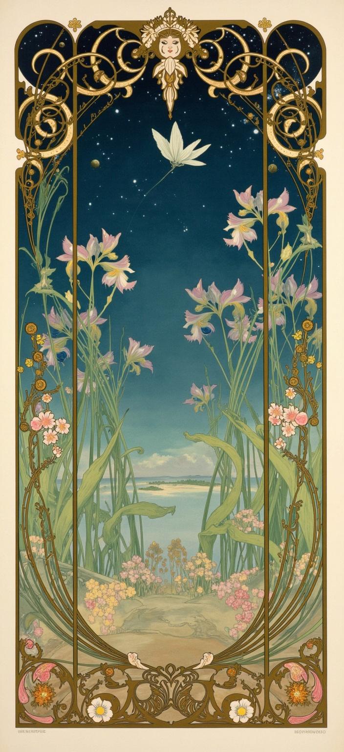 mucha, Create a mesmerizing and dreamlike painting set at the edge of a tranquil lake under a vast starry night sky. The scene is infused with the ethereal elegance of Art Nouveau, drawing inspiration from the flowing, organic lines and intricate decorative patterns that define the works of Alphonse Mucha. In the foreground, delicate iris flowers and graceful bullrushes stand among gently swaying reeds, their forms captured in exquisite detail and elegance. Amidst this natural setting, vibrant damselflies and dragonflies flutter effortlessly, weaving through the scene with a gentle grace.

The composition is alive with sinuous vines that coil and twist through the painting, adorned with blooming flowers that exude a romantic tranquility. The color palette is harmonious, featuring soft, delicate hues that evoke a sense of dreamlike serenity. The background is highly stylized, seamlessly blending fine art and design to create an otherworldly, poetic atmosphere. 

An ornate ornamental border frames the scene, crafted in the classic Art Nouveau style with dynamic whiplash curves and swirling vines. This elaborate frame, rich with organic patterns and laced with flowers, serves as a captivating gateway into this magical realm. The asymmetrical sides of the border reflect nature's inherent unpredictability, enhancing the enchanting and whimsical quality of the work.

The entire piece is designed to be a digital wallpaper, providing a captivating and immersive background on a smartphone, where the viewer is invited into this harmonious blend of nature and art, a realm where celestial elements and floral motifs merge into a dreamlike tapestry of beauty and tranquility.