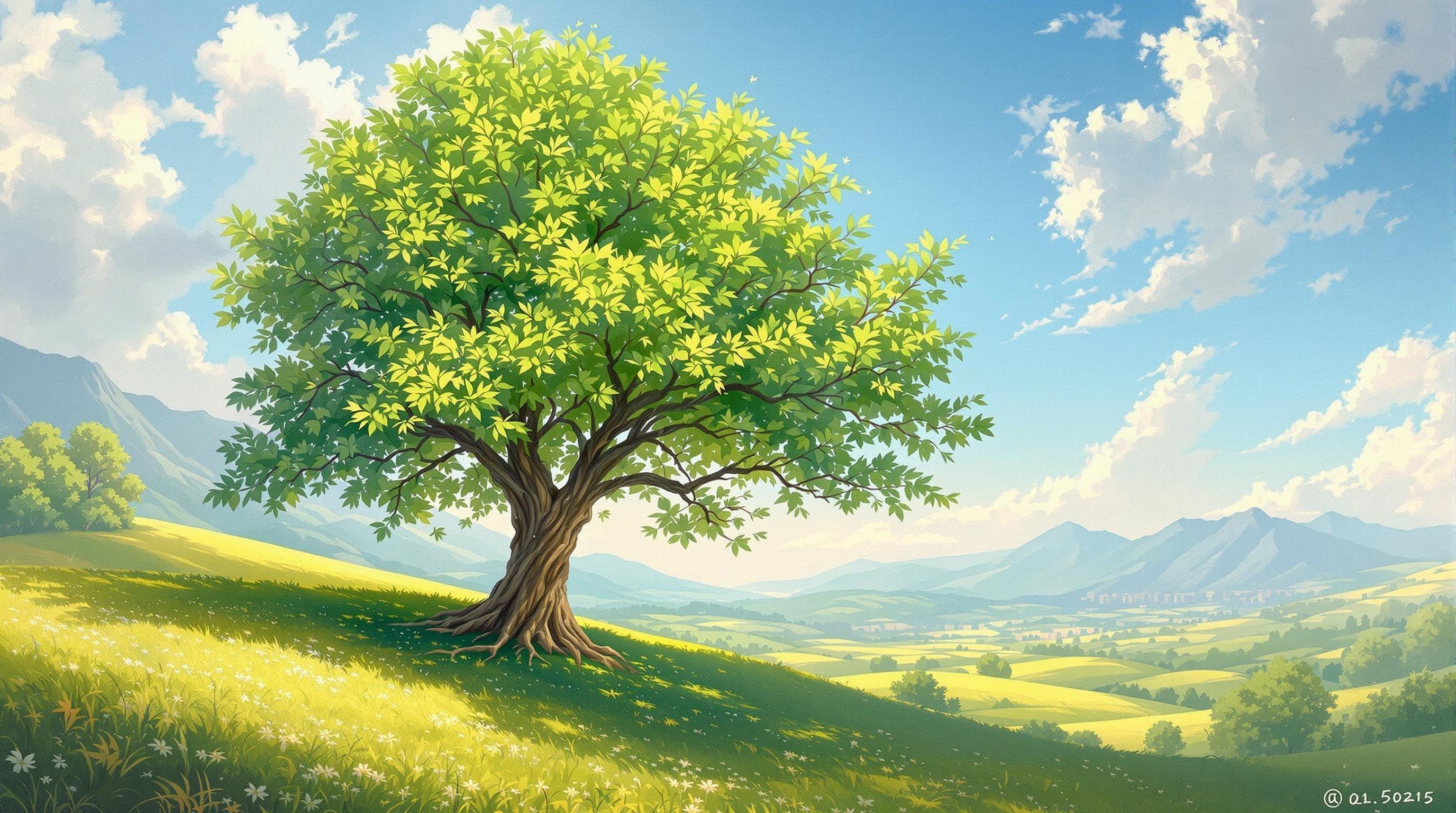 , In this classical-style painting, envision a breathtakingly beautiful tree majestically standing in the heart of a serene valley. The tree, with its lush canopy of vibrant green leaves, exudes a sense of timeless wisdom and tranquility. Each leaf is meticulously detailed, reflecting the gentle play of light and shadow as the sun bathes the scene in a warm golden glow. The valley itself is a harmonious blend of rolling hills and distant mountains, painted with soft, muted colors that evoke a sense of depth and grandeur. The sky above is a brilliant expanse of azure with a few wispy clouds lazily drifting by. The composition is perfectly centered, with the tree as the main focal point, surrounded by the serene beauty of the natural landscape. This digital wallpaper is designed to capture the viewer's imagination, offering a crisp and clean visual that would make a stunning addition to any digital collection.