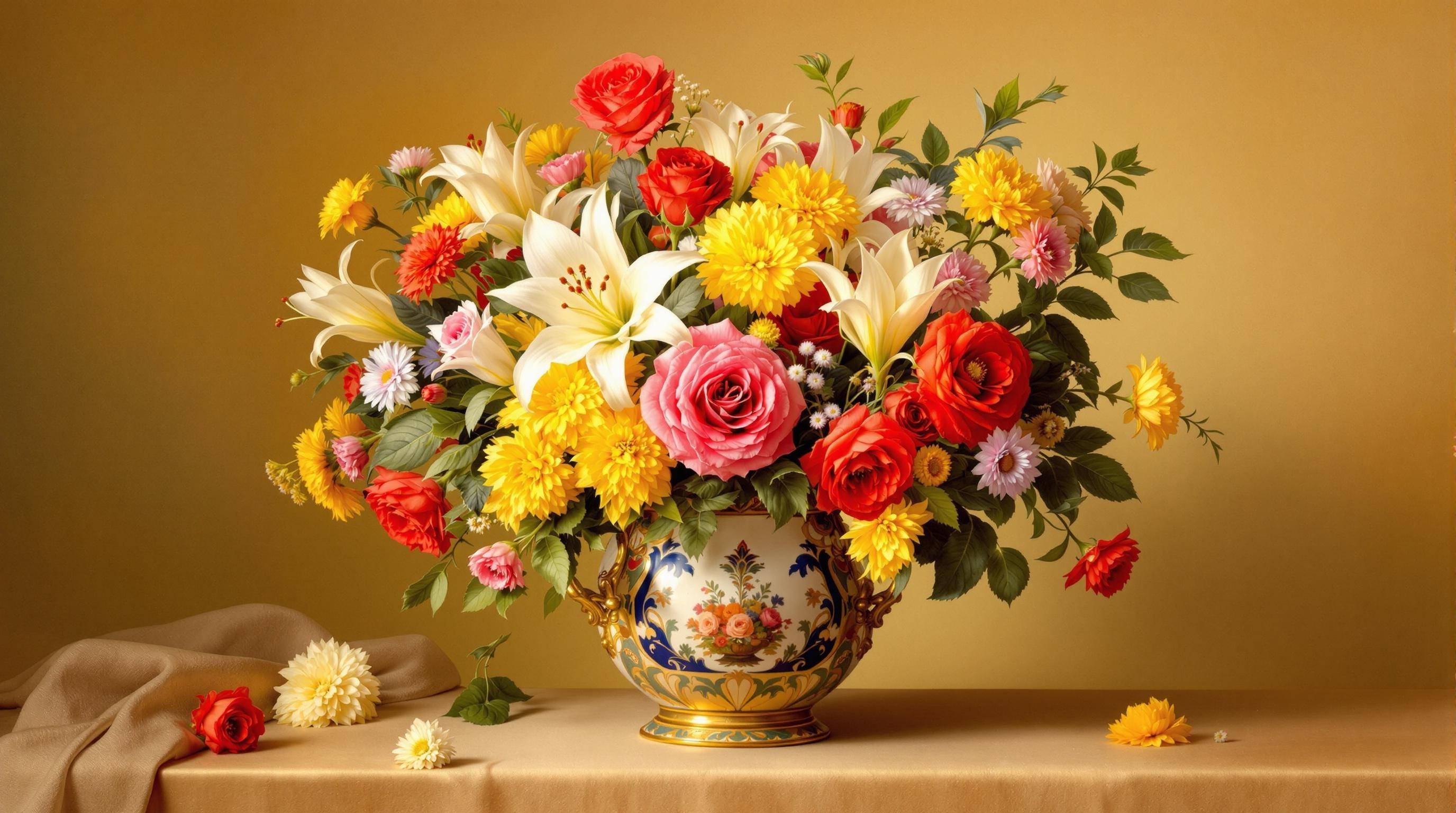 , Create a stunning digital wallpaper featuring a classical still life painting of a vase brimming with an array of vibrant flowers. This composition should capture the delicate elegance and timeless beauty intrinsic to classical art. In the center of the artwork, place a beautifully crafted ceramic vase, whose intricate patterns and rich tones echo the style's historical grandeur. The vase is bursting with an assortment of flowers: velvety red roses, dainty white lilies, and sun-kissed yellow chrysanthemums, each petal meticulously detailed to reflect light and shadow. Surrounding the arrangement, include soft green leaves that provide a natural contrast to the vivid blooms. The background should remain understated, with a muted, warm-toned backdrop that enhances the vividness of the flowers without overpowering them. The central positioning of this exquisite arrangement ensures a crisp, clean look, making it a perfect choice for a digital wallpaper meant to elevate any screen with its classic charm and splendor.