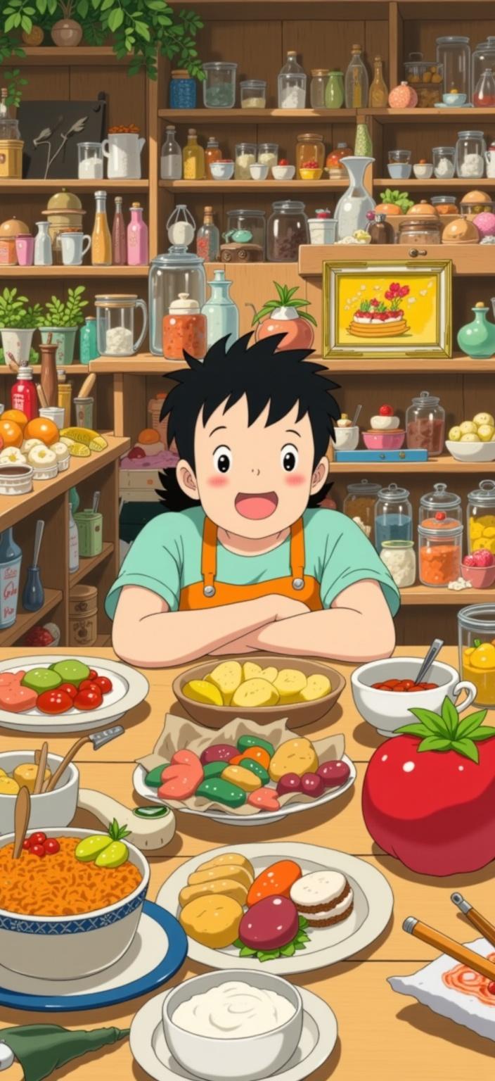 ghibli_illustration, ("In this enchanting painting, Gojo stands as the central figure, exuding a charismatic energy that captures the joyful essence of a hand-drawn animation style. Gojo's expressive character design is brought to life through bright colors that evoke a sense of whimsy and joy, complemented by painterly textures that give the artwork a soft, nostalgic feel. The character's features are meticulously detailed, with subtle pencil sketches lending an organic movement and hinting at the charm of subtle imperfections.\n\nThe setting around Gojo is a richly detailed background that feels alive with everyday objects and textures, each meticulously rendered to create a tangible, lived-in atmosphere. This background envelops Gojo in a world that feels both magical and familiar, inviting viewers to explore every corner and nuance. Warm, natural lighting bathes the scene, casting a cozy and inviting glow that enhances the dreamy, nostalgic quality of the painting.\n\nThe colors used in the artwork are vivid yet slightly muted, avoiding harsh contrasts to maintain a gentle, harmonious balance. This careful color choice ensures that the overall aesthetic remains dreamy and inviting, while the richly detailed background provides a sense of depth and immersion.\n\nThe composition is perfectly centered, ensuring a crisp, clean look that makes it ideal for decor purposes, allowing the painting to be a captivating focal point in any room. The proportionate and clearly visible portrayal of Gojo ensures that the character's vibrant personality and the whimsical world they inhabit are both celebrated and appreciated.",)