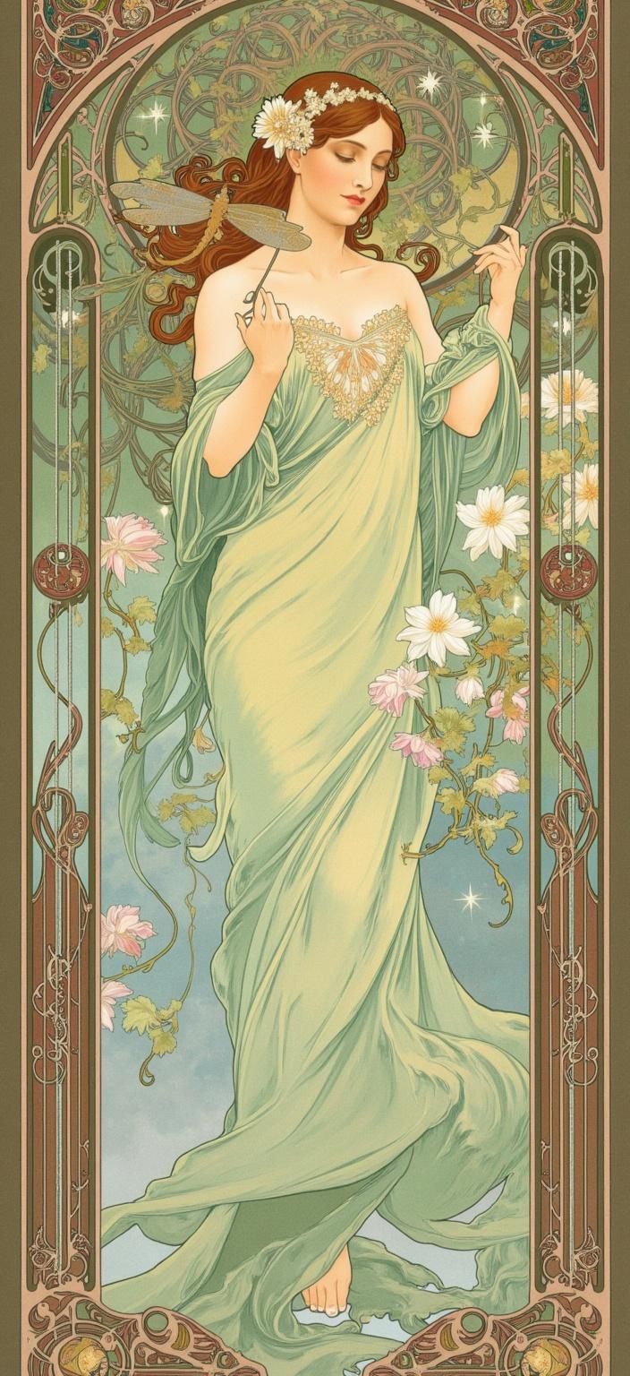 mucha, A captivating painting captures the essence of a damselfly, elegantly poised at the heart of the composition. The damselfly, with its iridescent wings delicately stretched, is depicted amidst a tapestry of flowing, organic lines and intricate decorative patterns. The wings shimmer in a kaleidoscope of soft, ethereal colors, reflecting a harmonious blend of greens, blues, and subtle purples, creating a sense of movement and grace as if the damselfly is perpetually in flight.

Surrounding the damselfly are an abundance of natural motifs—luxuriant vines winding their way around the scene, weaving through a dreamlike background that exudes a romantic aesthetic. Blooming flowers, with their petals unfurling in exuberant splendor, add bursts of color and vitality, while celestial elements such as stars and crescent moons float subtly in the periphery, adding an ethereal quality to the scene.

The background is highly stylized, drawing inspiration from the flowing, organic designs characteristic of the Mucha style. Soft, delicate colors blend seamlessly, creating a tranquil yet vibrant atmosphere that transports the viewer into a realm of poetic harmony. The composition is further enriched by subtle geometric patterns interwoven with floral motifs, enhancing the decorative quality of the artwork.

Framing this enchanting scene is an elaborate ornamental border, reminiscent of a grand Gothic window. The sweeping curves and intricate embellishments of this frame are adorned with organic patterns, delicate flowers, and celestial symbols, serving as both visual unifier and gateway into this dreamlike world. This refined, ornamental boundary not only encapsulates the artwork but invites viewers into a space where nature and human emotion intertwine in exquisite harmony.

This detailed composition, with its mesmerizing blend of natural beauty and artistic design, is perfectly centered, ensuring a crisp, clean look suitable for printing as a digital wallpaper, transforming any digital space into a serene sanctuary of art and nature.