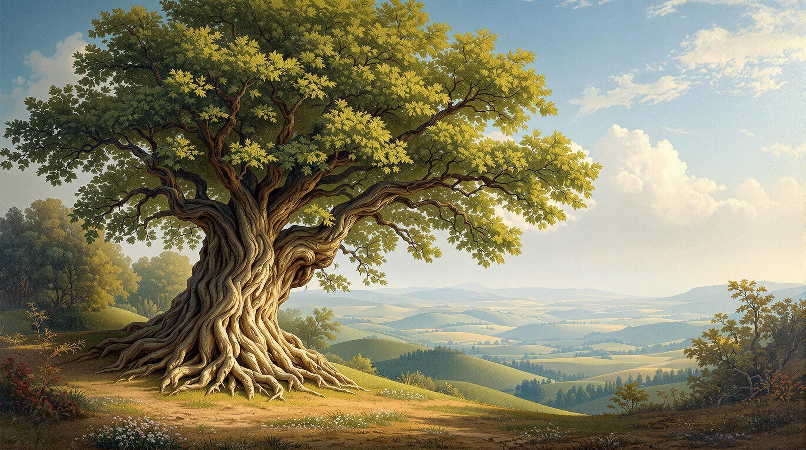 , Imagine a breathtaking classical painting capturing the serene beauty of a majestic tree nestled in a tranquil valley. The centerpiece of this artwork is a grand, ancient tree with a robust, twisted trunk and an expansive canopy of lush, verdant leaves that seem to whisper secrets of time. The play of light and shadow across the bark and leaves showcases the intricate details of its age-old textures, inviting viewers to appreciate its enduring presence.

Surrounding the tree, the valley unfolds like a natural amphitheater, with gentle hills rolling gracefully in the distance, their earthy tones harmonizing with the tree’s vibrant greens. The sky above is a symphony of soft blues and wispy clouds, painted with delicate brushstrokes that infuse the scene with a sense of peaceful timelessness. The distant horizon dissolves into a gentle mist, hinting at the unseen expanses beyond this idyllic sanctuary.

Framed with precision, the composition is centered to maintain a crisp, clean aesthetic, ensuring it transitions seamlessly into a captivating digital wallpaper format. The classical style imbues the painting with an eloquent sense of depth and realism, evoking the emotive power of art from a bygone era while creating a timeless piece that feels both historic and immediate, perfect for imparting tranquility and grandeur to any digital space.