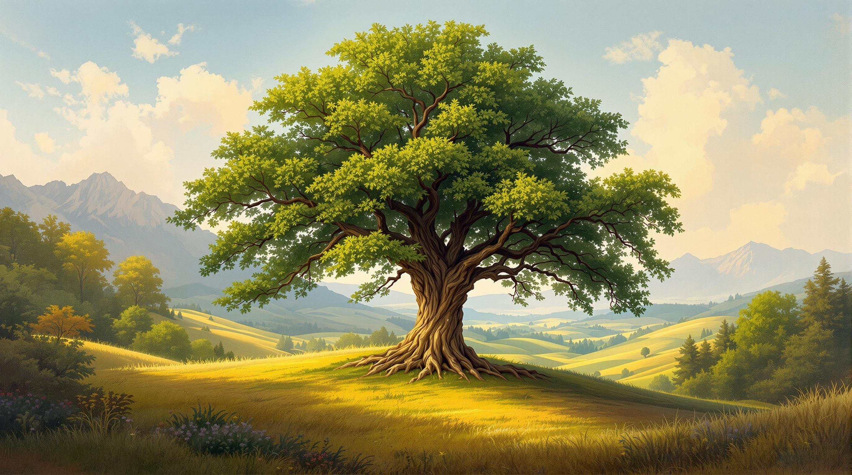 , Enriched prompt: In this classical style painting, a magnificent tree stands as the central focal point, gracefully occupying the heart of a serene valley. The tree's branches stretch out with a commanding presence, laden with lush, vibrant foliage that transitions through a symphony of greens. Each leaf is meticulously detailed, capturing the gentle play of sunlight filtering through the canopy and creating a dappled effect on the ground below. The tree's trunk is robust and textured, its aged bark telling stories of time and resilience. 

Surrounding the tree, the valley unfolds in harmonious layers, with rolling hills that gently cradle the scene, their soft contours bathed in the golden hues of a setting or rising sun. In the background, a distant mountain range adds depth to the composition, its peaks kissed by a delicate mist or cloud cover. The sky above is a canvas of soft, classical colors, with wispy clouds elegantly brushed across, enhancing the tranquil atmosphere.

The entire painting is centered to ensure a crisp, clean look, making it perfectly suited for a digital wallpaper. The balanced composition draws the viewer's eye inward, inviting contemplation and providing a sense of peace and serenity suitable for any digital display.