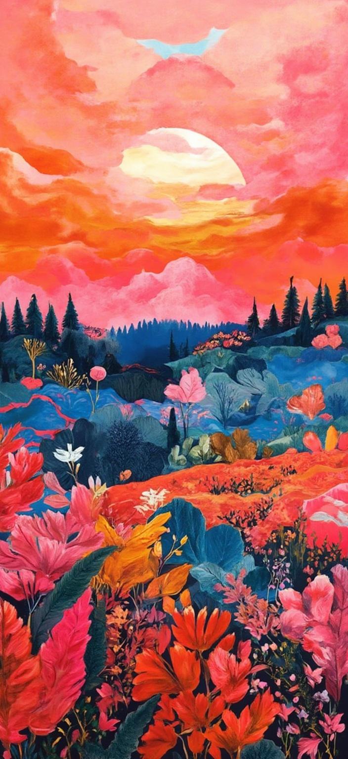 colorful_illustration, Enriched prompt: Create a vibrant and colorful mountain sunset digital wallpaper, capturing the majestic peaks bathed in warm, golden light as the sun dips below the horizon. The scene is infused with a playful, dynamic essence, exuding a hand-drawn feel throughout the composition. Incorporate organic shapes and scattered decorative elements, such as swirling lines and abstract motifs, which gracefully weave through the landscape.

In the foreground, various leaves and floral elements are arranged harmoniously, enhancing the natural, free-flowing quality of the scene. These features draw inspiration from the lavish, decorative style, combining bold organic forms with intricate details, reminiscent of Scandinavian folk art and mid-century botanical prints.

Layer colors and patterns luxuriously to create a sense of depth and movement, ensuring the composition remains crisp and clean, perfectly suited for a digital wallpaper. The overall look should evoke a sense of wonder and tranquility, allowing the viewer to feel both inspired and at peace with the beauty of nature.