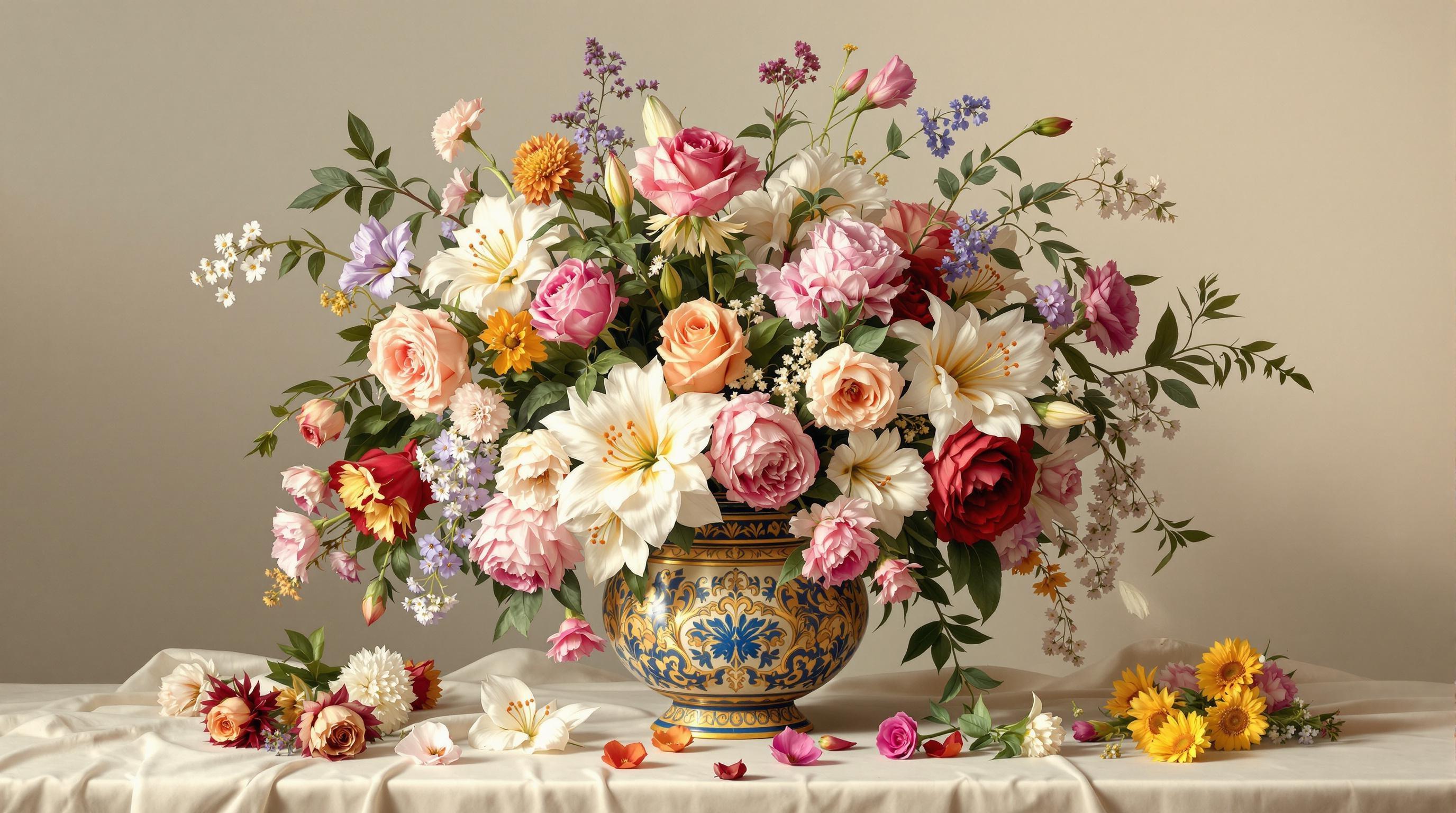 , Enriched prompt: A captivating still life painting that captures the timeless elegance of a vase filled with a diverse array of flowers. The composition is inspired by the classical style, with rich, realistic details that bring each petal and leaf to life. The flowers, from vibrant roses to delicate lilies, are arranged in a symmetrical fashion, drawing the viewer's eye to the center of the canvas. The vase, crafted with intricate patterns, adds a touch of antique charm and is positioned on a softly draped tablecloth that reflects subtle play of light and shadow. The background is a gentle, muted hue that complements the vivid colors of the flowers, ensuring they stand out prominently. This image is beautifully centered, creating a crisp and clean look, perfect for a digital wallpaper that transforms any space into a gallery of classical beauty.