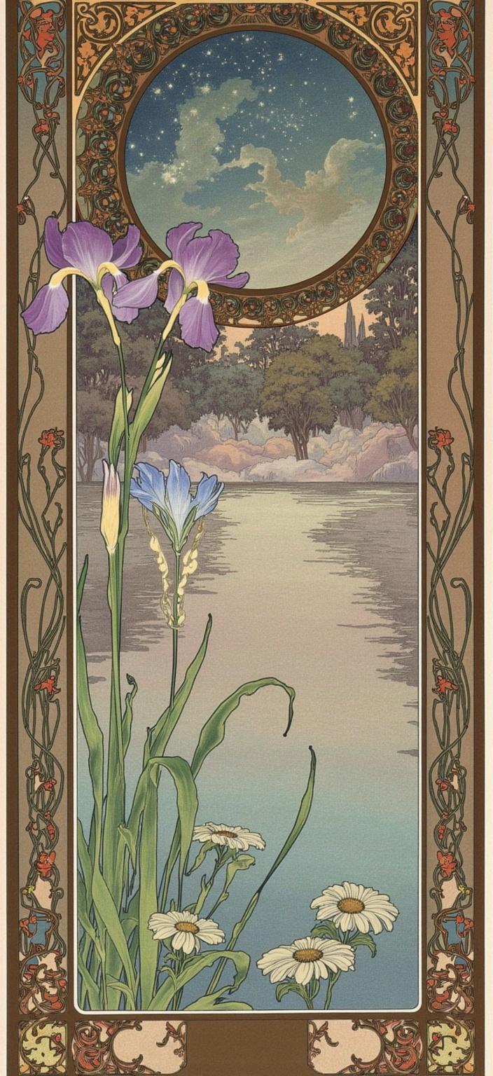 mucha, Create a dreamlike painting that captures the serene edge of a tranquil lake beneath a shimmering, starry night sky. This ethereal scene is inspired by the flowing, organic lines and intricate decorative patterns characteristic of the Art Nouveau style, particularly drawing inspiration from the works of Alphonse Mucha. The composition is devoid of people and buildings, focusing instead on the lush natural elements that inhabit this enchanting landscape.

In the foreground, delicate iris flowers, bullrushes, and slender reeds sway gently, their forms enhanced by the sinuous, graceful lines typical of Art Nouveau. The background features a harmonious interplay of alder and willow trees, their branches extending elegantly and merging with the intricate patterns of the sky. Intertwined vines and blossoming flowers weave through the composition, creating a tapestry of nature's beauty.

The color palette is a symphony of delicate hues—soft purples, gentle blues, and tender greens that evoke a sense of romance and tranquility. This harmonious blend of colors and motifs is set against a highly stylized background that merges fine art with design, crafting an ethereal, dreamlike aesthetic.

An elaborate ornamental border envelops the scene, its design inspired by Art Nouveau whiplash curves and organic patterns, with no symmetry on the sides to maintain an organic feel. This intricate frame is adorned with flowers and celestial elements, providing a rich, decorative perimeter that enhances the overall composition. Notably, a large purple iris flower gracefully emerges from the scene, encroaching upon the border on the left-hand side. Facing this iris, a remarkable blue-green dragonfly, its iridescent wings aglow, becomes a focal point. Additionally, another large dragonfly is artistically positioned below it on the right-hand side, adding to the balance of the scene.

This visual narrative, suitable for a digital wallpaper, encapsulates a dreamlike escape into nature's embrace, capturing the romantic essence of Mucha's work and providing a perfect backdrop for a smartphone aesthetic.