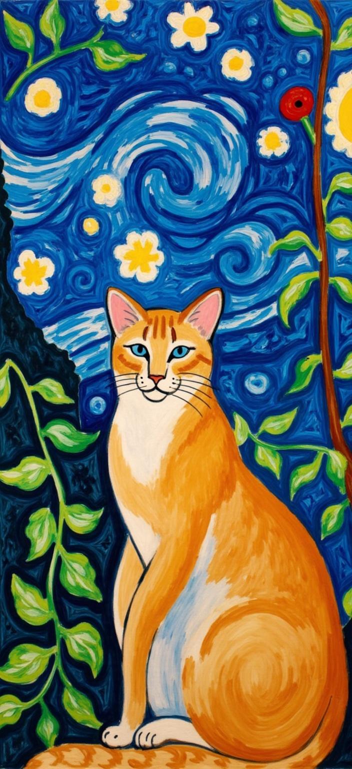 mattise_nice, In the center of the painting, a resplendent golden cat sits regally, its fur glistening like sunlit silk. Its captivating blue eyes, deep and piercing, gaze directly at the viewer, creating an immediate connection. The cat's tail elegantly curls upward, exuding a sense of poise and grace. Surrounding this feline figure, the background draws heavy inspiration from Van Gogh's iconic "Starry Night," yet with a distinctive twist—plants, leaves, and intricate veins intricately intertwine with the swirling celestial patterns, merging seamlessly into the night sky. The rich blues and vibrant hues of the sky create a mesmerizing backdrop, with the stars and cosmic elements appearing more distant, drawing the viewer's focus onto the magnificent cat.

Incorporating elements of Matisse's vibrant "Matisse in Nice" style, the composition is infused with bold, vivid colors and simplified forms that add a touch of modern elegance to the scene. The lush foliage and organic forms surrounding the cat further echo Matisse's playful and flowing lines, adding a whimsical dimension to the piece.

This digital wallpaper is meticulously designed to be crisp and clean, with a balance of color and detail perfect for high-resolution display. The composition is centered, ensuring an aesthetically pleasing visual experience that is both striking and serene, ideal for transforming your PC screen into a captivating work of art.