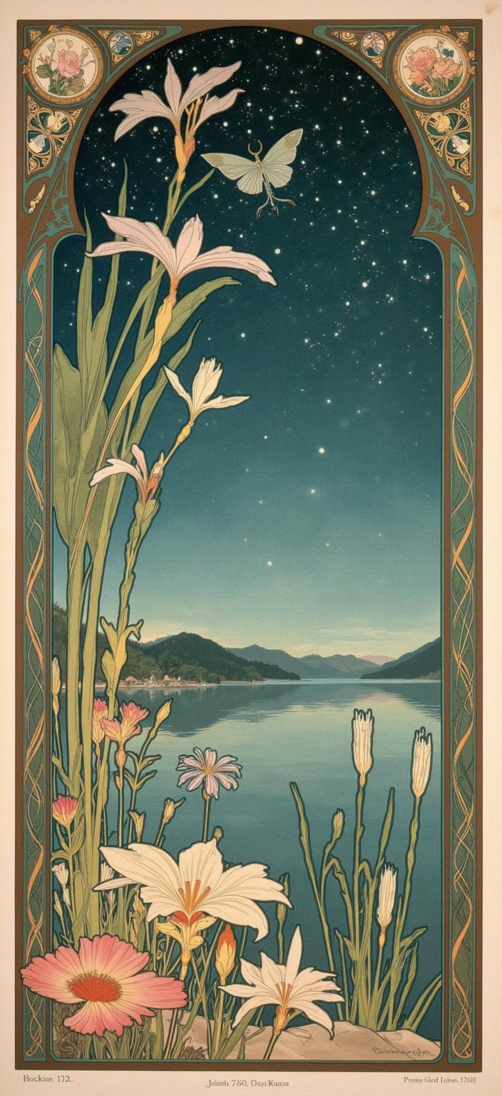 mucha, Enriched prompt: Create a dreamlike painting capturing the serene edge of a tranquil lake under a vast, starry night sky. This scene, inspired by the flowing and organic lines of the Art Nouveau style, particularly drawing from the works of Alphonse Mucha, is devoid of any human presence or architectural structures to maintain its purity and mystique. The foreground is adorned with delicate iris flowers, stately bullrushes, and elegant reeds, their forms intricately rendered in a style echoing natural grace and fluidity. Two large damselflies dance before us, their wings luminous with ethereal light, casting gentle reflections on the water's surface.

Amidst this natural setting, sinuous vines and blooming flowers weave a tapestry of color and texture, infusing the scene with a sense of romance and tranquility. A harmonious color palette of delicate hues—a whisper of soft pinks, muted greens, and gentle blues—imbues the painting with a serene, dreamlike quality. The background is highly stylized, where the celestial vibrance of the night sky meets the earth, creating a seamless blend of fine art and design.

The entire scene is framed within an ornate, asymmetrical border reminiscent of Mucha's signature style. This elaborate ornamental frame, composed of swirling vines and Art Nouveau whiplash curves, is adorned with organic patterns and flowers. The lack of symmetry enhances its uniqueness, inviting the viewer into this enchanted world. This intricate border, with its flowing lines and grandiose embellishments, serves as both a visual anchor and a gateway into a realm where nature and dreams intertwine. Perfectly centered, this painting is crafted for the digital wallpaper format, making it an ideal backdrop for a smartphone, offering an immersive and harmonious escape every time the device is in use.