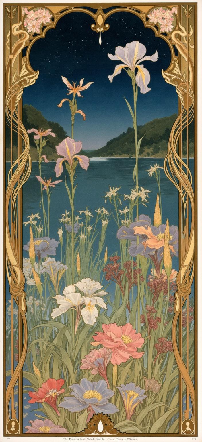 mucha, Enriched Prompt: Imagine a captivating, dreamlike painting that captures the serene beauty of the edge of a tranquil lake, nestled under a mesmerizing starry night sky. This artwork draws inspiration from the iconic Art Nouveau style, particularly the flowing, organic lines and intricate decorative patterns seen in the works of Alphonse Mucha. The scene is a harmonious symphony of nature's elegance, showcasing vibrant iris flowers, slender bullrushes, and delicate reeds swaying gently in the night breeze. Graceful damselflies and dragonflies dance ethereally, tracing intricate patterns as they flit between the flora.

Sinuous vines meander through the composition, interwoven with blooming flowers that explode in delicate hues, evoking a deep sense of romance and tranquility. The background is a masterful blend of art and design, highly stylized to create a surreal, dreamlike aesthetic. It’s an ethereal landscape that melds the boundaries between fine art and decorative elegance.

The painting is enveloped in an elaborate ornamental border, defined by art nouveau whiplash curves and adorned with organic patterns and flowers. This ornamental frame, inspired by the exuberance of Mucha’s style, features asymmetric sides, echoing the complexity and unpredictability of nature. The border serves as a grand, Gothic window into this peaceful and imaginative world.

The overall composition, with its delicate color palette and exuberant floral motifs, is crafted to be a seamless digital wallpaper for a smartphone, ensuring a crisp, clean look that enhances the device's background. This artwork invites viewers into a realm where nature and human emotion coalesce, offering a poetic sanctuary of beauty and peace.