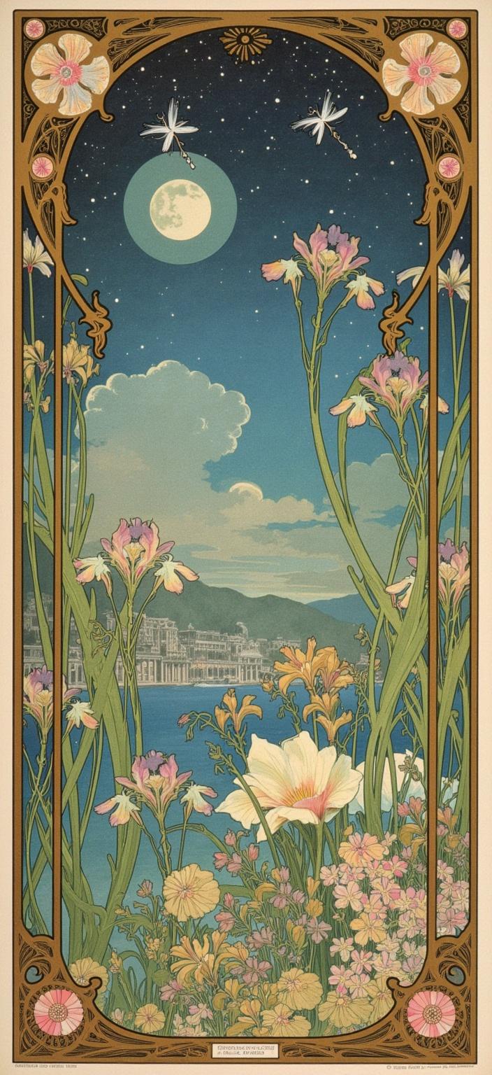 mucha, Enriched prompt: 

Create a dreamlike painting of the edge of a tranquil lake beneath a starry night sky, masterfully capturing the flowing, organic lines and intricate decorative patterns of Art Nouveau style, reminiscent of Alphonse Mucha's enchanting works. The serene scene, devoid of human presence, is adorned with vibrant iris flowers, bullrushes, and delicate reeds, their forms gently swaying in the soft evening breeze. Graceful dragonflies flutter across the scene, their wings shimmering in the moonlight. Sinuous vines intertwine with blooming flowers, elegantly weaving through the composition. The painting employs a harmonious color palette of soft, romantic hues—think subtle lavenders, gentle blues, and warm golds—imbuing the artwork with a tranquil ambiance. 

The background is highly stylized, a seamless fusion of fine art and design, creating an ethereal and dreamlike aesthetic. The scene is intricately framed within an elaborate ornamental border, characterized by vines and Art Nouveau whiplash curves. This border is adorned with organic patterns and flourishing flowers, deliberately asymmetrical to enhance its unique charm. The entire composition is enriched with Mucha’s signature blend of delicate colors and exuberant floral motifs, completed by subtle geometric patterns that lend the piece a refined, ornamental quality. 

The artwork is suitable as a digital wallpaper, perfectly fitting the dimensions of a smartphone background. The intricate, sweeping curves and detailed embellishments of the ornamental frame, reminiscent of a grand Gothic window, serve as a visual portal into this enchanting realm. This painting invites viewers into a poetic harmony where nature's beauty intertwines with celestial elements, offering a serene escape into a dreamlike world.