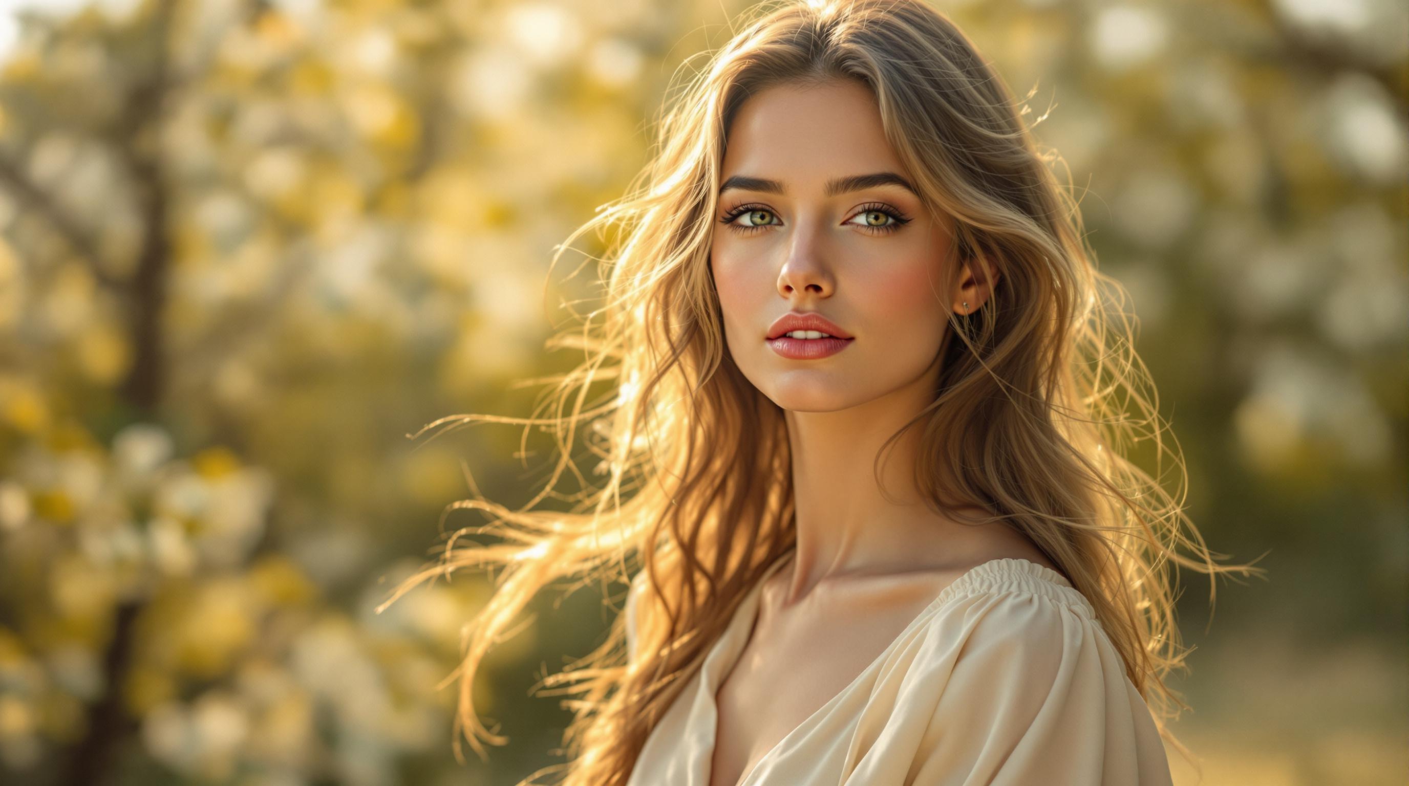 , Create a stunningly realistic portrait of a beautiful woman portrayed in the classical style, capturing the elegance and grace reminiscent of Renaissance paintings. She stands in soft natural light, which envelops her figure, emphasizing the delicate features of her face and serene expression. Her long hair, gently caressed by a soft breeze, flows elegantly, enhancing her ethereal presence. The woman is adorned in a flowing dress, meticulously detailed with delicate fabric textures that ripple with a lifelike realism, each fold and pleat rendered with precision.

The background sets a tranquil, natural scene, with soft-focus trees bathed in the gentle glow of golden hour light, casting a warm, inviting aura across the composition. This cinematic and artistic portrayal elevates the image to an ultra-realistic, high-detail masterpiece, seamlessly blending natural beauty with classical artistry. Every element is meticulously crafted in 4K resolution, ensuring that the image maintains its sharpness and exquisite detail when used as a digital wallpaper, perfect for print or display.