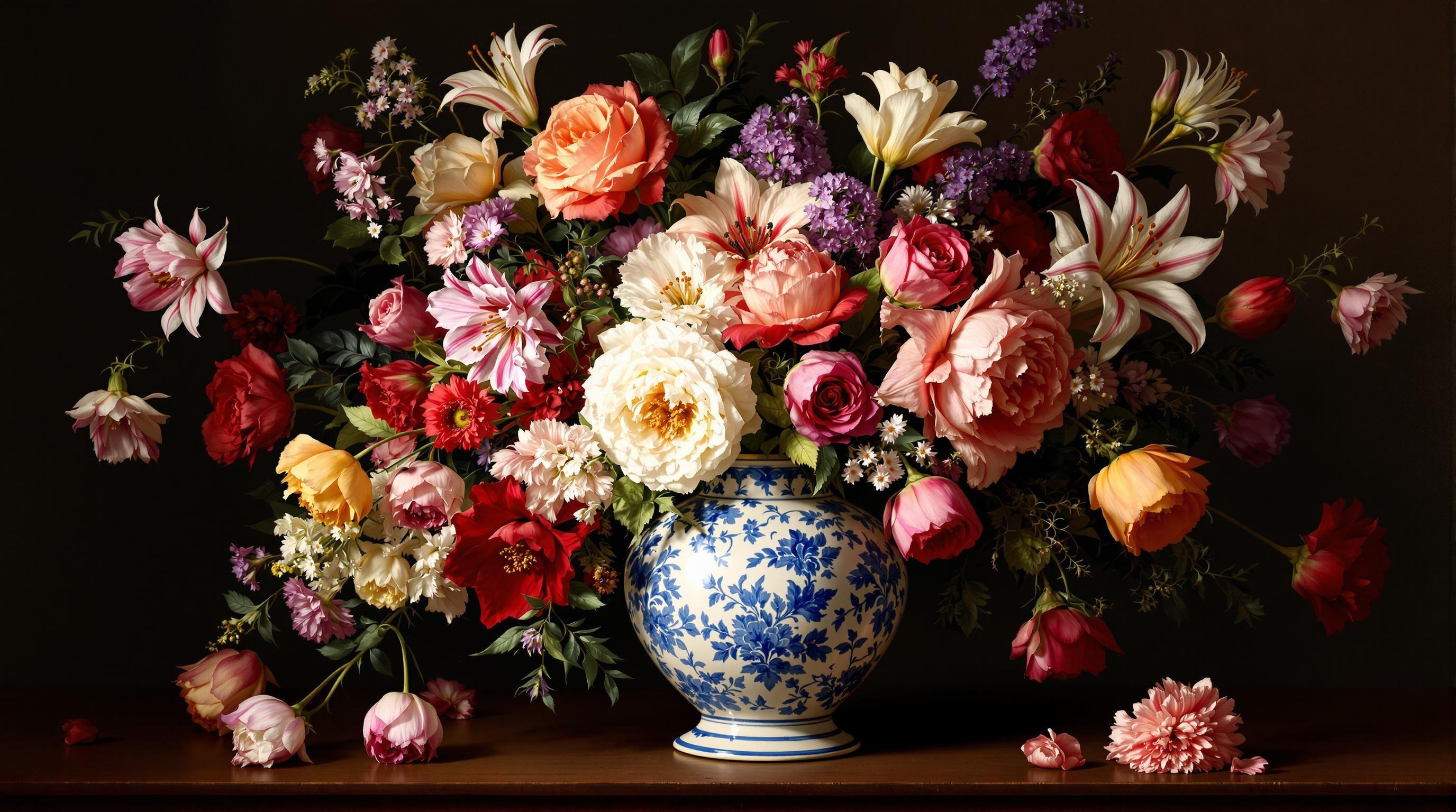 , A captivating still life painting of a vase overflowing with a vibrant bouquet of flowers, meticulously crafted in the classical style. The composition captures the elegance and precision of Renaissance artistry, with each petal and leaf rendered in exquisite detail. The flowers, a harmonious blend of roses, lilies, and tulips, create a symphony of colors ranging from deep reds and purples to soft pinks and whites, contrasting beautifully against the rich, dark background typical of classical paintings. The vase, an intricately designed piece of porcelain with delicate blue floral patterns, is placed centrally to draw the viewer's eye and anchor the composition. Soft, natural lighting bathes the scene, casting gentle shadows and highlighting the textures of both the flowers and the vase, adding depth and realism. This digital artwork is perfectly centered to ensure a crisp and clean aesthetic, ideal for a stunning digital wallpaper, infusing any space with a touch of timeless elegance and beauty.