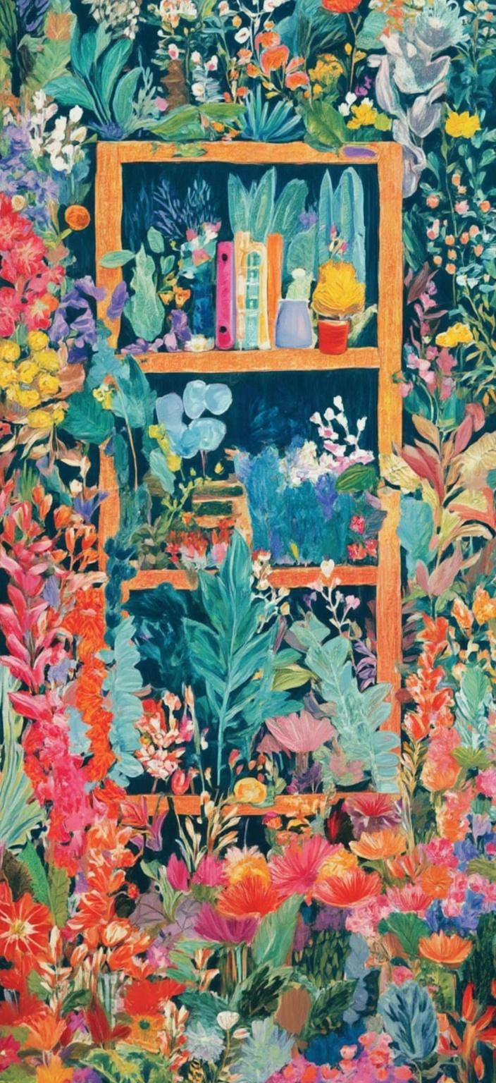 colorful_illustration, The painting captures an inviting and imaginative office room, offering an immersive experience with its abundance of books and flourishing plants, all meticulously rendered in a 1080x1920 resolution, perfect for a digital wallpaper. The artwork embraces a vibrant and colorful illustration style, characterized by a playful, dynamic, and hand-drawn feel. The background comes to life with an array of organic shapes, delicately scattered decorative elements, and harmonious arrangements of various leaves and floral elements. This design brings a natural, free-flowing quality to the scene, ensuring a captivating visual story on your digital device.

The composition is intricate and lavish, drawing inspiration from a decorative style that blends bold organic shapes with fine details. Scattered throughout the scene are ornamental elements—dots, swirls, and abstract motifs—that contribute to a lush, layered sense of depth and movement. The luxurious interplay of colors and patterns is reminiscent of Scandinavian folk art and mid-century botanical prints, with the organic shapes and radial floral patterns enhancing the hand-drawn feel.

This digital wallpaper presents a crisp and clean look, perfectly centered for optimal display, making it a sophisticated and enriching addition to any digital collection.