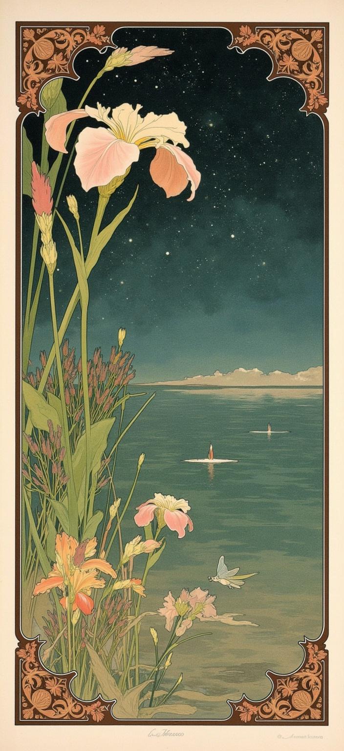 mucha, Enriched prompt:

Imagine a dreamlike painting capturing the serene edge of a tranquil lake, gently nestled under a mesmerizing starry night sky. This image draws deep inspiration from the flowing, organic lines and intricate decorative patterns of the Art Nouveau style, channeling the essence of Alphonse Mucha's masterpiece works. Completely devoid of human presence and architectural structures, this scene celebrates the purity of nature's untouched beauty.

In the foreground, a lush tapestry of iris flowers, bullrushes, and reeds emerge, each plant rendered with exquisite detail. Sinuous vines and a cascade of blooming flowers weave gracefully throughout the composition, their organic forms echoing the celestial elements above. The harmonious color palette enchants with its delicate hues, evoking a profound sense of romance and tranquility.

The lake's shimmering surface reflects the vast, starry expanse with a highly stylized, ethereal quality that blends fine art with intricate design, forming a dreamscape that invites contemplation. The background is a poetic fusion of nature's beauty and celestial wonder, setting the stage for an otherworldly ambiance.

Framing this enchanting scene is an elaborate ornamental border, brimming with art nouveau’s iconic whiplash curves and adorned with organic patterns and floral motifs. Each side of the frame is unique, eschewing symmetry to enhance the dynamic flow of the design. A strikingly large iris flower boldly breaches the frame on the left-hand side, drawing the viewer's eye with its vibrant presence. Nearby, a majestic dragonfly perches with its wings spread wide, facing the prominent iris in a poignant moment of interaction, while another large dragonfly hovers gracefully below, adding to the composition's delicate balance.

This artwork is designed for a digital wallpaper, perfect as a sophisticated and enchanting background for a smartphone. The intricate border acts as a gateway into this dreamlike realm, inviting viewers to lose themselves in a world where nature and emotion meet in poetic harmony.