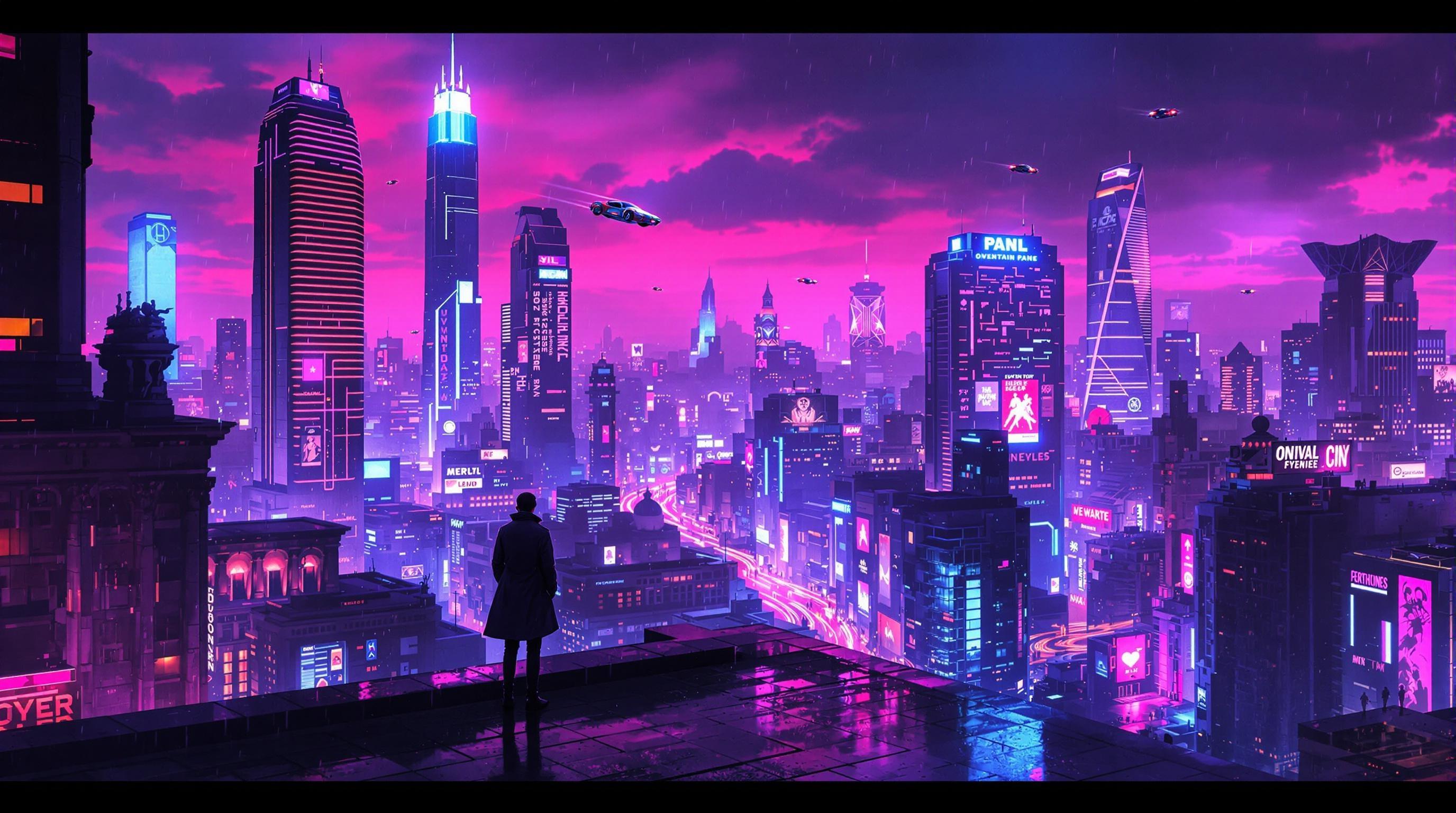 , In this digital painting designed for a stunning digital wallpaper, envision an extraordinary fusion of classical artistry and futuristic cyberpunk allure. The scene unfolds in a sprawling, ultramodern cityscape under the shroud of night, bathed in a mesmerizing interplay of glowing neon lights. Rich hues of pink, blue, and purple cast their vibrant glow across the canvas, inviting the viewer into a realm where the classical meets the futuristic.

Towering skyscrapers, reminiscent of classical architectural magnificence but adorned with cutting-edge design, pierce the skies. Their facades are adorned with holographic advertisements that flicker and dance, adding an ethereal quality to the scene. The sky above is abuzz with sleek, aerodynamic flying cars that glide effortlessly, leaving trails of light in their wake.

The rain-slick streets below shimmer with reflections of the neon brilliance above, their wet surfaces capturing the city's pulsating energy. This reflective quality echoes the meticulous attention to detail found in classical paintings, yet enhances the cyberpunk aesthetic. A lone figure, clad in a trench coat, stands atop a rooftop. This enigmatic character surveys the city below, their presence adding an air of mystery and introspection reminiscent of a classical hero set against a futuristic backdrop.

The piece employs high detail, painted with a cinematic lighting technique that emphasizes both grandeur and intimacy. The ultra-wide aspect ratio invites the viewer to immerse themselves fully in this world, echoing the expansive vistas of classical landscapes. Rendered in 4K resolution, every brushstroke reflects a Blade Runner-inspired aesthetic, ensuring the work not only honors its classical roots but also embraces the bold, inventive spirit of cyberpunk. Perfect for a digital wallpaper, this art piece promises to transform any screen into a window to a vividly imagined future.