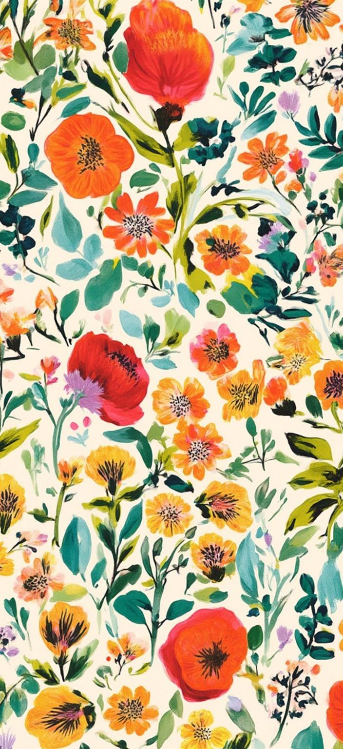colorful_illustration, Title: "Playful Botanical Symphony"

Description: Imagine a minimalist cartoon illustration designed to exude vibrancy and playfulness, perfect for a 1920x1080p digital wallpaper. The centerpiece of this artwork is a whimsical character drawn with clean, simple lines, embodying a sense of joy and curiosity. The character is surrounded by a lively background inspired by mid-century botanical prints and Scandinavian folk art, featuring an array of organic shapes and floral elements.

The backdrop is a dynamic tapestry of vibrant colors and intricate patterns, with bold strokes and delicate details weaving together harmoniously. Scattered throughout the canvas are ornamental elements like dots, swirls, and abstract motifs, each contributing to the rich, decorative allure of the painting. The interplay of colors and patterns creates a sense of depth and movement, inviting the viewer into a world of imagination and creativity.

This hand-drawn artwork captures a lavish style, with a luxurious layering of colors that shift seamlessly from vibrant greens and blues to warm oranges and pinks. The radial arrangement of floral patterns gives the piece a balanced and harmonious feel, invoking a sense of natural beauty and free-flowing energy. The result is a perfect blend of minimalism and complexity, ensuring that this digital wallpaper will stand out as a captivating centerpiece on any screen.