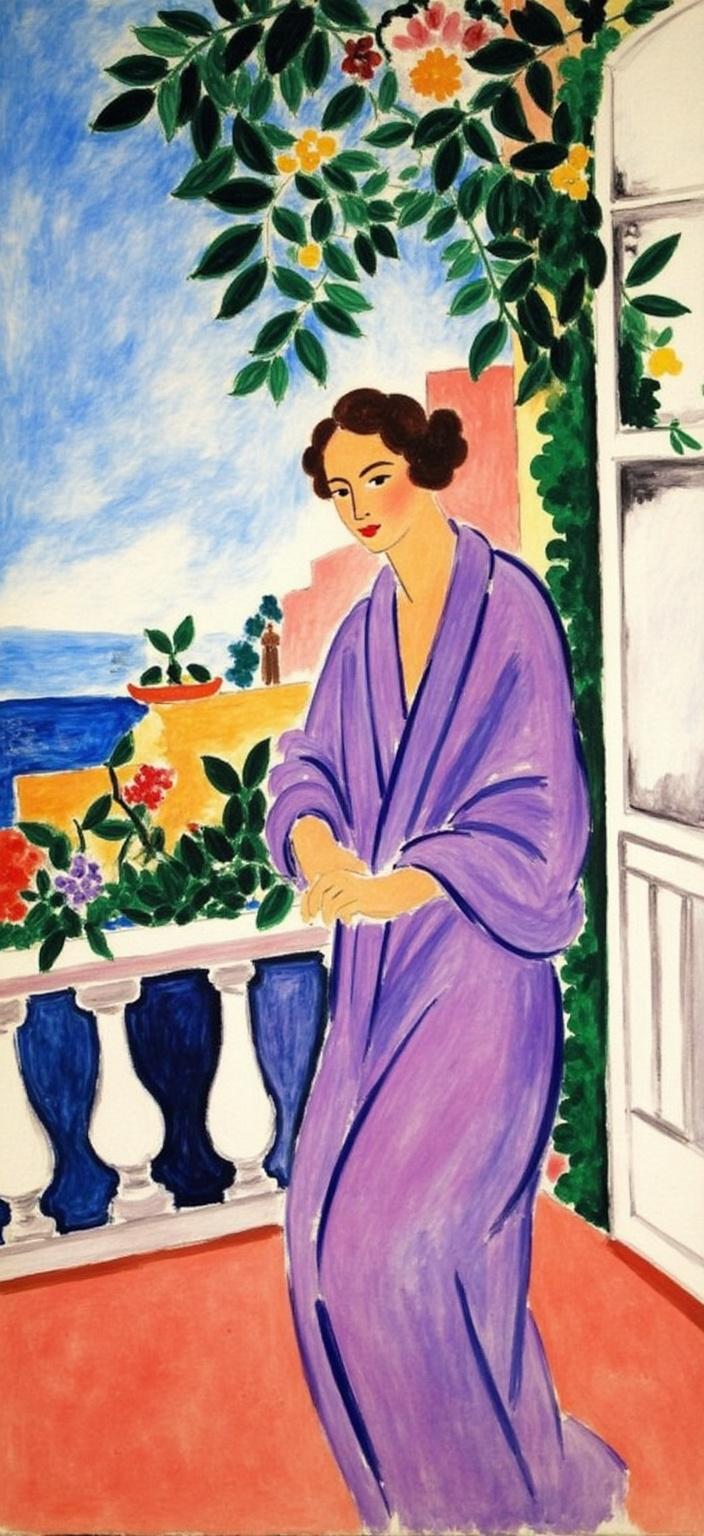 mattise_nice, A vibrant and captivating painting featuring a woman in a radiant purple robe, gracefully seated by an elegant balcony. The scene is bathed in the warm, inviting colors typical of the Matisse-in-Nice style, with bold outlines and a harmonious palette creating a lively yet serene atmosphere. The woman, depicted with a soft, contemplative expression, gazes out over the balcony, which overlooks a sunlit Mediterranean landscape. Lush plants and vivid blooms spill over the railings, adding an exotic touch and a burst of color to the scene. The composition is meticulously centered, ensuring a crisp, clean look that draws the viewer's eye and makes the artwork an ideal choice for a digital wallpaper. The painting captures the essence of leisurely elegance and Mediterranean beauty, inviting viewers to lose themselves in its tranquil charm.