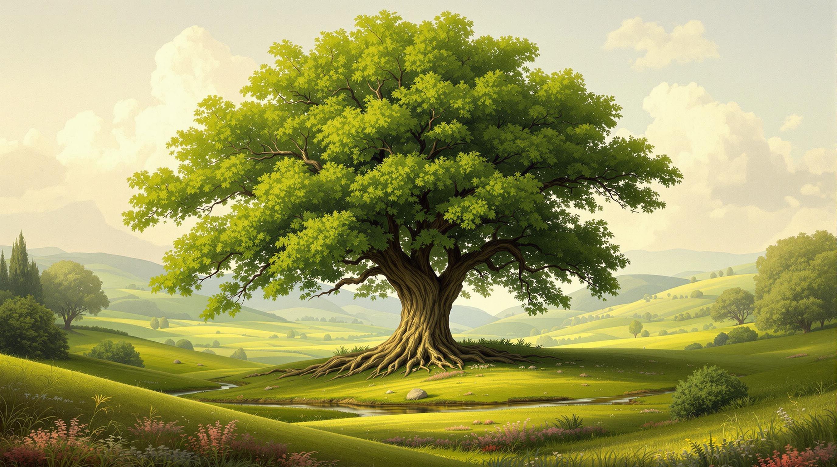 , Create a stunning digital wallpaper that captures the tranquil beauty of a lush, verdant tree standing majestically in the heart of a serene valley. This image should draw inspiration from the classical style, with an emphasis on intricate detail and harmonious composition. The tree, with its outstretched branches and lush foliage, serves as the central focal point, symbolizing strength and vitality. The surrounding valley is depicted with rolling hills, a gentle stream meandering through, and a sky painted in soft, muted hues, reminiscent of a peaceful, pastoral scene. The painting should be centered to ensure a crisp, clean look, making it perfect for digital wallpaper, delivering a sense of calm and timeless elegance to any space.