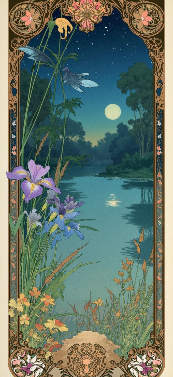 mucha, Enriched prompt: Create a dreamlike painting of the edge of a lake underneath a starry night sky, rendered in the flowing, organic lines and intricate decorative patterns of the Art Nouveau style, inspired by the works of Alphonse Mucha. The scene is meticulously crafted to be centered and crisp, making it ideal for a digital wallpaper on a smartphone. 

In the foreground, a majestic, large blue-green dragonfly hovers gracefully near a vibrant flower positioned above and to the left, while another striking dragonfly is visible below it on the right-hand side, adding a sense of dynamic movement to the composition. The absence of people and buildings emphasizes the serene beauty of nature, with the lake's edge adorned by exquisite iris flowers, slender bullrushes, and graceful reeds swaying gently in the night breeze. 

The background is enriched with elegant alder and willow trees, their silhouettes casting a dreamlike aura under the celestial canopy. Sinuous vines and blooming flowers weave through the composition, adding layers of visual interest and complexity, while the harmonious color palette, featuring delicate hues of blues, greens, and soft purples, evokes a sense of romance and tranquility.

The painting is framed within an elaborate ornamental border of vines and art nouveau whiplash curves, adorned with organic patterns and flowers. This frame, eschewing symmetry, features one large purple iris flower that delightfully breaks the border on the left-hand side, drawing the viewer's eye into the lush scene. The background, richly stylized, merges fine art with design, creating an ethereal, dreamlike aesthetic that invites the viewer into a realm of poetic harmony and natural beauty.