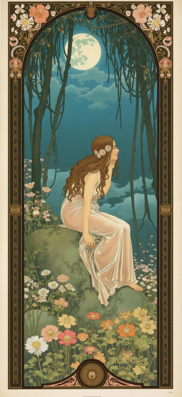 mucha, Envision a captivating painting of a girl serenely sitting atop a gently sloping hill under the cloak of night, surrounded by an enchanting forest. Above her, the luminous blue moon casts its ethereal glow, illuminating the scene with a soft, mystical aura. The forest is alive with the intricacy of Art Nouveau style, flourishing with intertwined vines and an abundance of flowers, their petals whispering in the moonlit breeze. 

The composition of the painting is dreamlike, where the delicacy of Mucha's influence is palpable—sinuous vines weave through the scene, punctuated by blooming blossoms that seem to dance with delight under the celestial glow. The subtle geometric patterns embedded within the foliage bring a refined ornamental elegance, merging seamlessly with the natural motifs.

The background is a tapestry of highly stylized patterns, echoing a sense of romance and wonder. The scene is encased within an elaborate ornamental frame, reminiscent of a grand Gothic window, its sweeping curves and detailed embellishments crafted with organic patterns, flowers, and celestial symbols. This frame acts as both a visual harmonizer and a portal into this dreamlike realm, where the boundaries between nature and human emotion blur beautifully.

The entire composition is centered, ensuring a crisp, clean appearance ideal for a digital wallpaper, inviting viewers to lose themselves in this enchanted, poetic harmony.