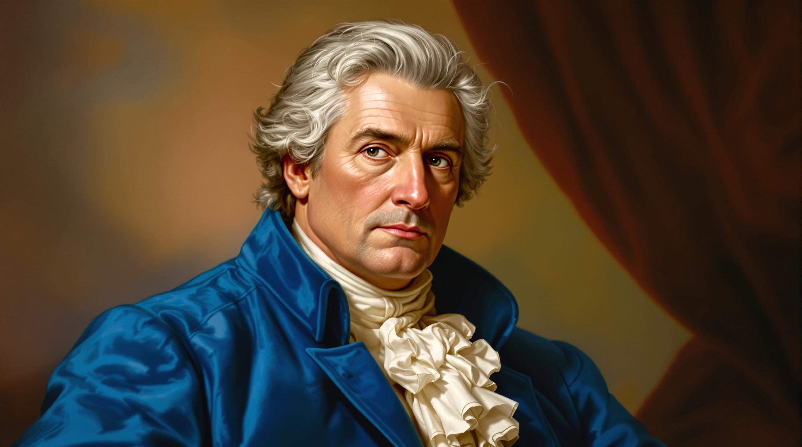 , Create a timeless and elegant portrait of a distinguished man donning a rich, azure blue coat, meticulously capturing the essence of classical art. This painting, inspired by the grandeur and detail of the classical style, should depict the man with a serene and noble expression, his eyes set in a way that reflects wisdom and depth. His coat, a deep, velvety blue, contrasts beautifully against a softly blurred, warm-toned background, reminiscent of the delicate brushstrokes and chiaroscuro effects used by the old masters. The man’s hair is styled in a traditional manner, perhaps slightly tousled by a gentle breeze, adding a subtle dynamic touch to the otherwise tranquil composition. The centered composition ensures a harmonious balance, with fine attention to detail in the textures of the fabric and the subtle play of light and shadow on his face. This artwork is curated for a digital-wallpaper design, ensuring that it is clean and crisp, with each element precisely rendered to create a stunning, museum-quality piece suitable for any digital display.