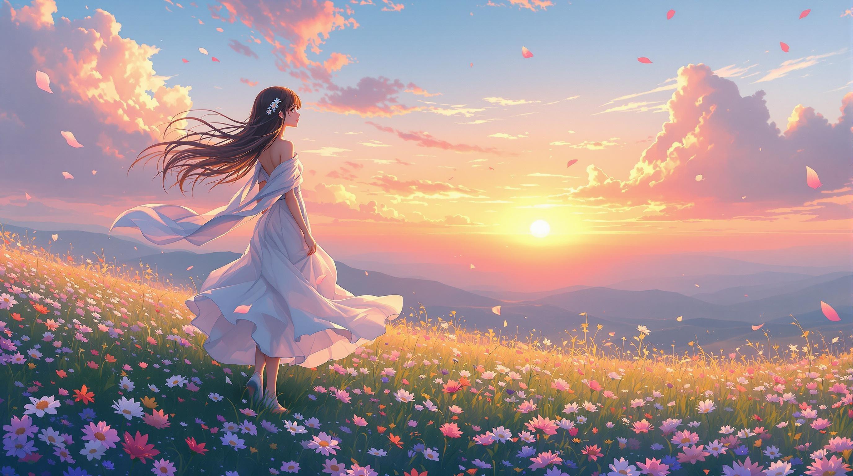 , On a serene hilltop at sunset, an original anime girl character stands gracefully, embodying both tranquility and emotion. Her flowing white dress captures the gentle whispers of the wind, while a light scarf dances playfully around her. Long, silken hair drifts effortlessly, framing her expressive eyes that gaze longingly toward the glowing horizon, where vibrant hues of orange and pink blend with the softening blues of the sky. Blooming wildflowers carpet the hill, their colors bursting with life, as cherry blossom petals float delicately in the warm, golden light, creating an ethereal atmosphere. This light casts gentle shadows across the landscape, enhancing the peaceful and emotional mood of the scene. The painting draws inspiration from the classical style, marrying the elegance and timelessness of classical art with the vivid, emotive elements of anime. With a highly detailed background and vibrant colors, this artwork is meticulously crafted in 4K resolution, ensuring a crisp, clean look that is perfectly centered and suitable for printing as an exquisite digital wallpaper.