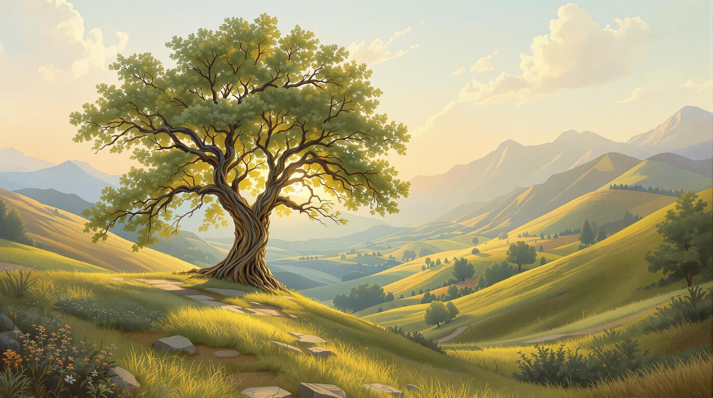 , A captivating classical-style painting captures the essence of a beautiful tree standing gracefully in a serene valley. The tree, an ancient oak with sprawling branches, is the focal point of the artwork. Its lush green leaves create a vibrant canopy, contrasting against the subtle browns and grays of the sturdy trunk. Sunlight filters gently through the leaves, casting intricate patterns of light and shadow on the ground, highlighting the rich texture of the valley's verdant grass.

The valley itself is depicted with sweeping brushstrokes that convey the gentle undulations of the terrain, leading the viewer's eye towards a distant horizon. Soft, muted colors paint the surrounding landscape, evoking a sense of timeless beauty and tranquility. Rolling hills in various shades of green and earthy tones rise in the background, framed by a distant line of majestic mountains bathed in the soft glow of a setting sun.

The painting's classical style is reflected in the harmonious composition and the meticulous attention to detail, reminiscent of the romantic landscapes of the 18th and 19th centuries. The balance between light and shadow, the delicate play of colors, and the serene atmosphere create a peaceful and contemplative scene, perfect for a digital wallpaper that transforms a space into a window to nature's untouched beauty. This central image, with its crisp and clean lines, ensures a stunning visual impact, ideal for enhancing any digital space with elegance and grace.