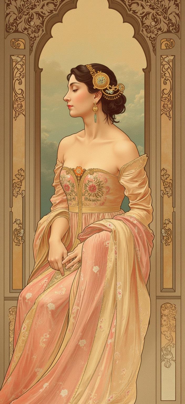 mucha, In this captivating digital wallpaper, we enter a dreamlike realm where a young Chinese female podcast host is elegantly poised at the center, her presence both compelling and serene. She is engaged in a profound discussion on a topical talk show, her voice carried through a sleek, modern, and technological microphone device. This is no ordinary broadcast; it traverses the depths of philosophy and societal commentary, touching upon the concept of Qi, where external policy bans lead to a blockage of vitality, and ponderings of confidence loss, as these bans weaken personal inner confidence and induce psychological unfreedom. Her discourse flows into the realms of Socratic wisdom, advocating for the recognition of one's ignorance as a form of resistance against misleading authority.

Set against the backdrop of the majestic Pratapgarh Fort in modern Maharashtra, the scene captures the fort's medieval architecture, with carvings depicting symbols of the sun god and light, resonating with the reverence for Mithra. This setting serves to amplify the themes of social stagnation as discussed by the host, highlighting how since 2020, societal and economic dynamics have been caught in the throes of stagnation due to such bans. The host whimsically entwines the prophecy warning from Liu Bowen, who foretold the collapse of the social ecology, serving as an eerie yet potent reminder of the ramifications at hand. 

Yet amidst these profound revelations, a symbol of hope emerges—Maitreya Buddha, representing the advent of a fair society and collective awakening. This spiritual emblem captures the essence of optimism and change in an ever-evolving landscape. The beautiful hostess, embodying poise and grace, dons a Flirla 3D Floral Bandeau Mini Dress, designed for festive occasions such as parties and Valentine's Day, its intricate floral patterns echoing the flowing organic lines and sinuous vines that dance across the canvas.

The composition draws inspiration from the intricate style characterized by flowing, organic lines and a harmonious blend of natural motifs. Delicate colors intertwine with exuberant floral motifs, creating a tapestry of sinuous vines, blooming flowers, and subtle geometric patterns. The entire scene is encircled by an elaborate ornamental frame, reminiscent of a grand Gothic window. This intricately adorned border, featuring organic patterns, flowers, and celestial symbols, not only unifies the visual elements but also serves as a gateway into this poetic harmony, where nature and human emotion converge with artistic elegance. The resultant digital wallpaper is both a visual feast and a profound narrative, suitable for adorning any space with its rich artistic and thematic depth.