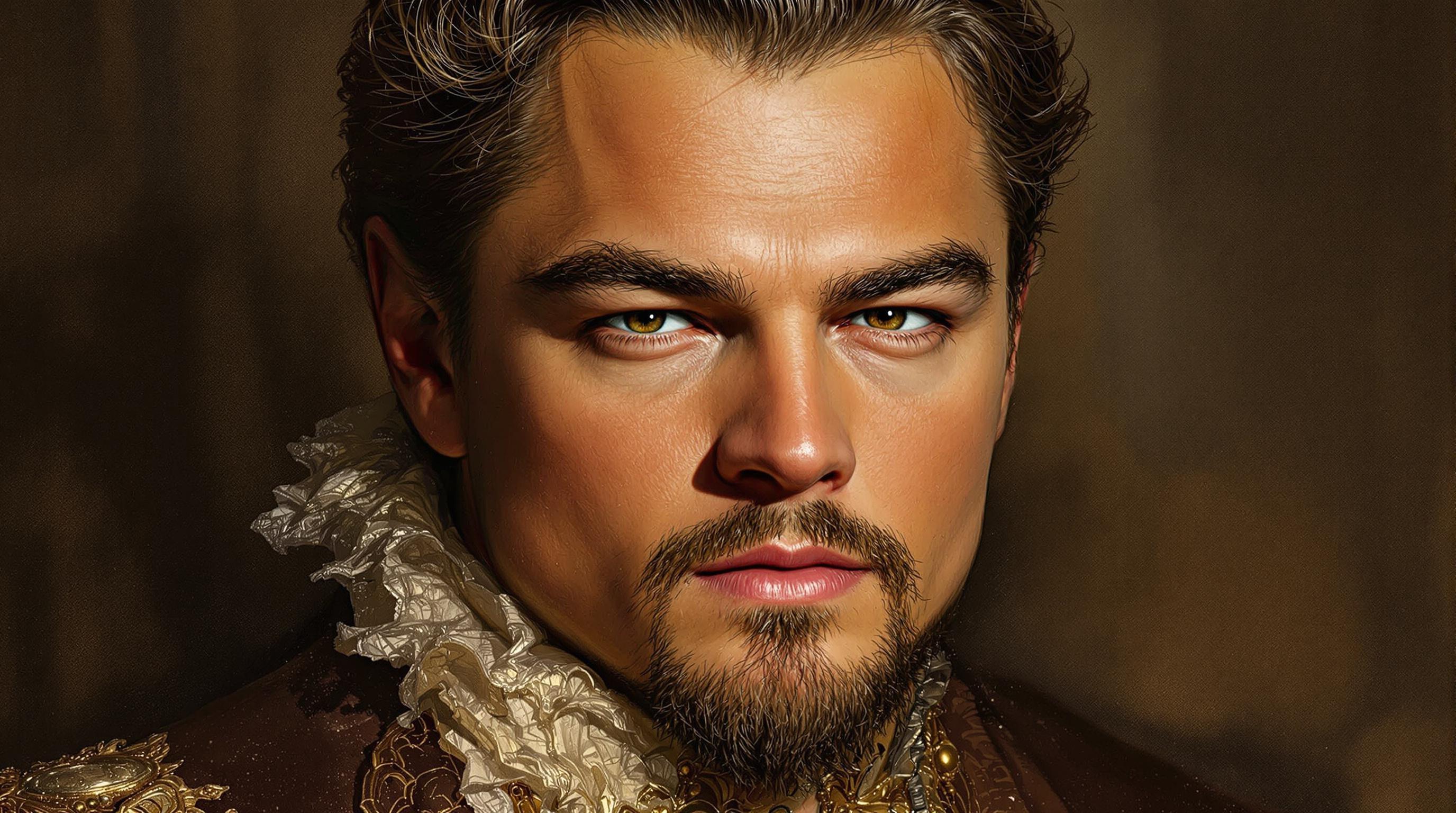 , Create a stunning, realistic portrait of Leonardo DiCaprio, capturing his charismatic and expressive features with masterful precision. The painting should draw inspiration from classical styles, emphasizing fine brushwork, regal composition, and rich, timeless colors that evoke the grandeur and sophistication of the Renaissance era. Center the image in such a way that Leonardo's captivating gaze is the focal point, ensuring a balanced and harmonious composition. This crisp, clean, and highly detailed artwork is tailored especially for digital wallpaper, making it a striking centerpiece on any screen, radiating elegance and refinement.