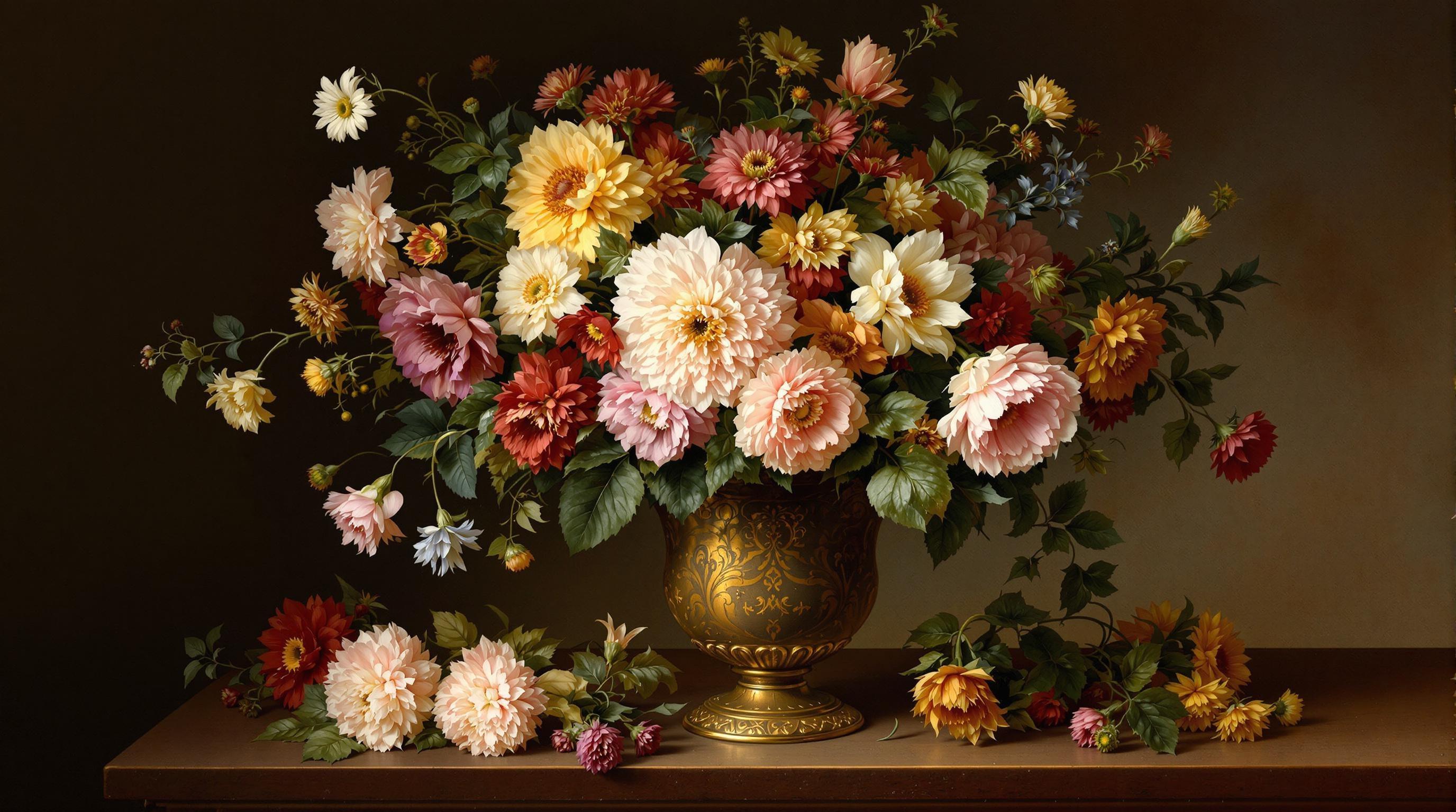 , The painting presents a captivating still life of a vase brimming with an exquisite arrangement of flowers. Rendered in the refined tradition of classical style, the image captures an air of timeless elegance and meticulous attention to detail. The vase is ornately designed, perhaps with delicate etchings or an antique patina, and is placed at the center of the composition to draw the eye inward. Each flower is portrayed with an almost tangible texture, bearing the subtle play of light and shadow that gives depth and realism to their petals and leaves. The color palette is rich yet harmonious, employing deep, vibrant hues alongside softer, muted shades to evoke a sense of balance and natural beauty. The background is tastefully understated, allowing the floral arrangement to remain the focal point while complementing the overall aesthetic. The artwork is composed to ensure a crisp, clean look, making it perfectly suited for use as a digital wallpaper, where the classic beauty of the image can transform a digital space into a serene, artful environment.