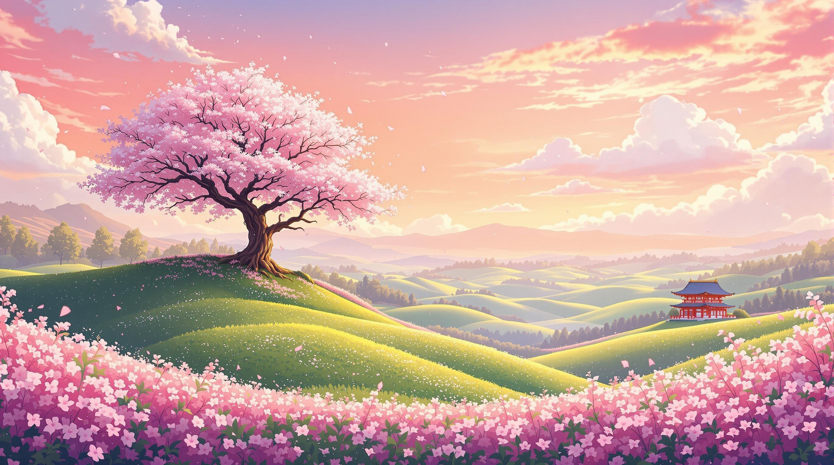 , Enriched prompt: The scene captures a breathtaking anime-inspired landscape at the tranquil time of sunset, vividly depicted in a classical style. The centerpiece is a serene countryside adorned with gently undulating green hills that invite a sense of calm and expansiveness. Atop one of the hills stands a magnificent cherry blossom tree, its branches laden with delicate pink blossoms. The petals are caught in a gentle breeze, swirling softly through the air, adding a sense of movement to the stillness.

Nearby, a small, traditional Japanese shrine nestles quietly into the landscape, its architecture elegantly merging with the surrounding nature. The sky above is a warm tapestry of golden-pink hues, the colors blending smoothly into each other, creating an ethereal backdrop. Wispy clouds stretch across the horizon, their softness enhancing the tranquility of the scene.

The composition is cinematic, focusing the viewer's gaze onto the interplay between the elements of nature and tradition. The vibrant colors are meticulously crafted to emphasize the beauty and serenity of the setting, while the high level of detail ensures that every aspect of the landscape is rendered clearly and beautifully. The anime aesthetic shines through with vividness and clarity, making it a perfect choice for a digital wallpaper. The entire scene is centered with precision, ensuring a crisp, clean look that is ideal for printing and display.