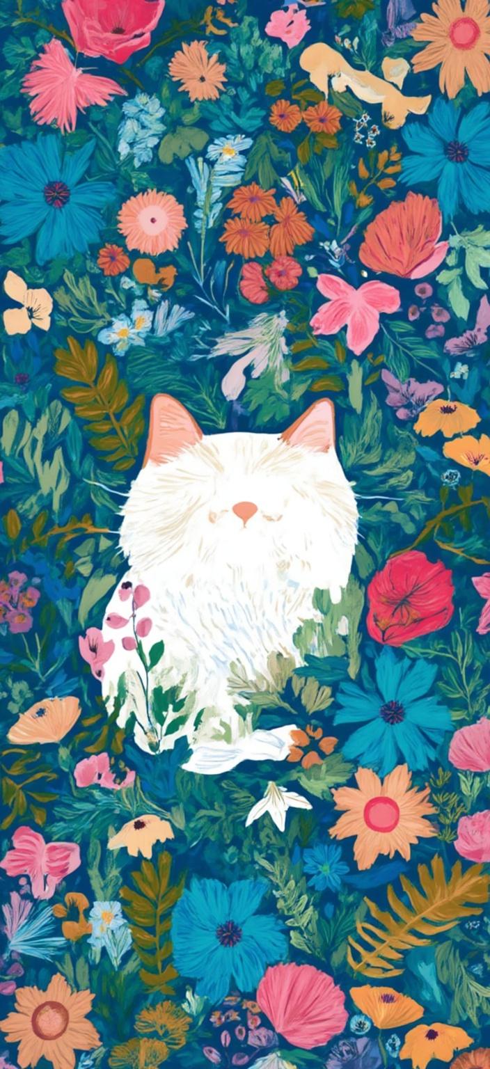 colorful_illustration, A captivating painting emerges against a vibrant blue backdrop, featuring a serene white cat as its central subject. This enchanting scene is illustrated in a vibrant and colorful style, exuding a playful and dynamic hand-drawn feel. The cat, with its pristine fur, is artfully positioned at the center, its gentle gaze directed outward, embodying a sense of tranquility and curiosity. Surrounding the feline is a lively tapestry of organic shapes and decorative elements, harmoniously arranged to create a natural, free-flowing quality.

Radiating from the background, an array of leaves and floral patterns dance across the canvas. Scattered ornamental details, such as dots, swirls, and abstract motifs, add to the intricacy of the composition, enhancing the sense of depth and movement. The luxurious layering of colors and patterns evokes a lavish, decorative style that resonates with the essence of Scandinavian folk art and mid-century botanical prints.

These elements converge to create a harmonious, hand-drawn aesthetic that draws inspiration from both nature and art history, painting a picture that feels timeless yet refreshingly modern. The overall composition is meticulously centered, ensuring a crisp, clean presentation perfect for digital wallpaper, ready to be printed and admired on any screen, bringing a touch of elegance and whimsy to any space.