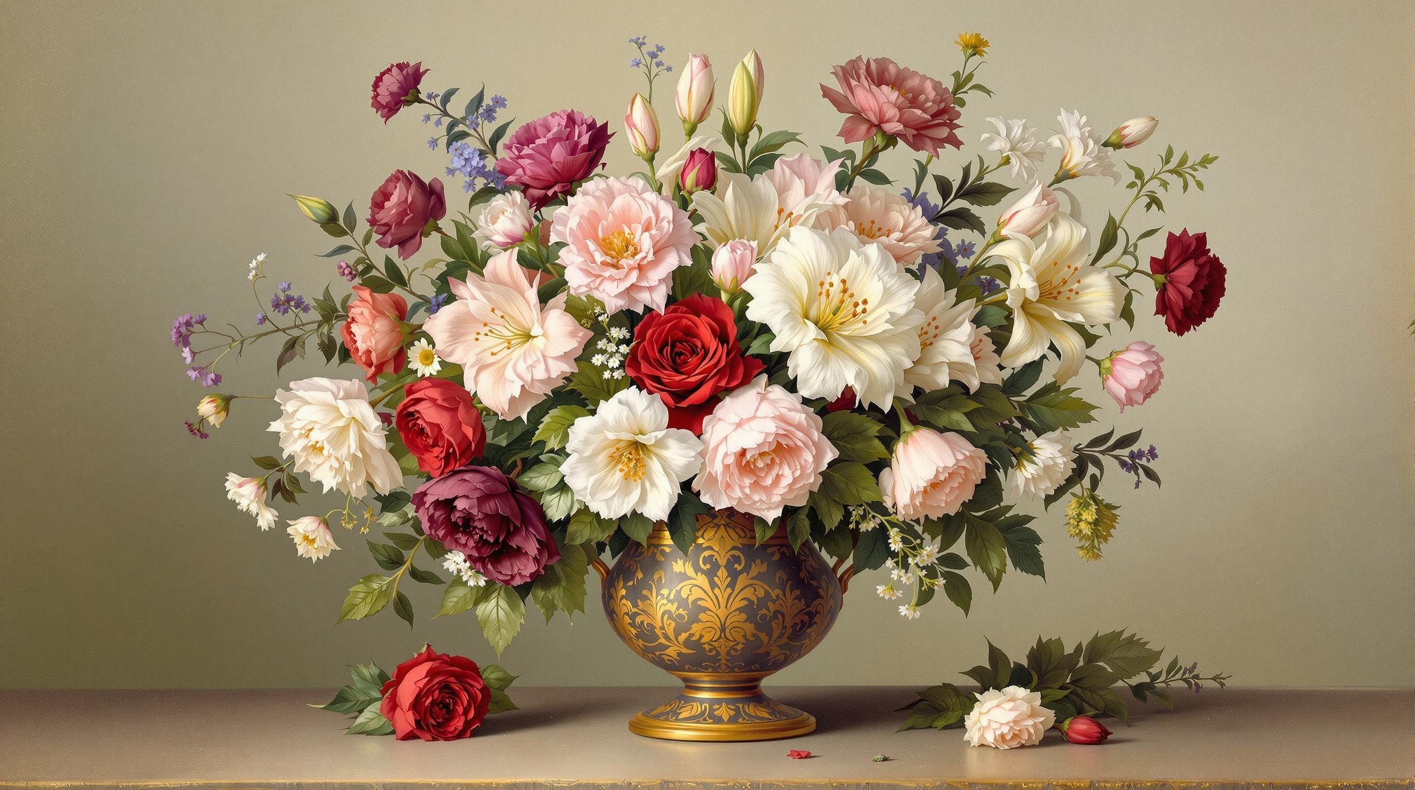 , A captivating classical still life painting presents a meticulously arranged vase brimming with a vibrant array of flowers. The composition exudes elegance and timeless beauty, reminiscent of the refined artistry found in classical masterpieces. The flowers, a harmonious blend of roses, lilies, and peonies, are painted with exquisite attention to detail, capturing their delicate petals and the subtle interplay of light and shadow. Each bloom is distinct yet unified in a symphony of natural colors—rich reds, soft pinks, creamy whites, and refreshing greens—set against a softly textured background that enhances their vividness. The vase, an ornate piece with intricate patterns, adds a touch of sophistication to the scene, reflecting glimmers of the surrounding atmosphere. The image is perfectly centered, ensuring a balanced and crisp composition that is ideal for a digital wallpaper, providing a serene and elegant focal point suitable for any digital space.