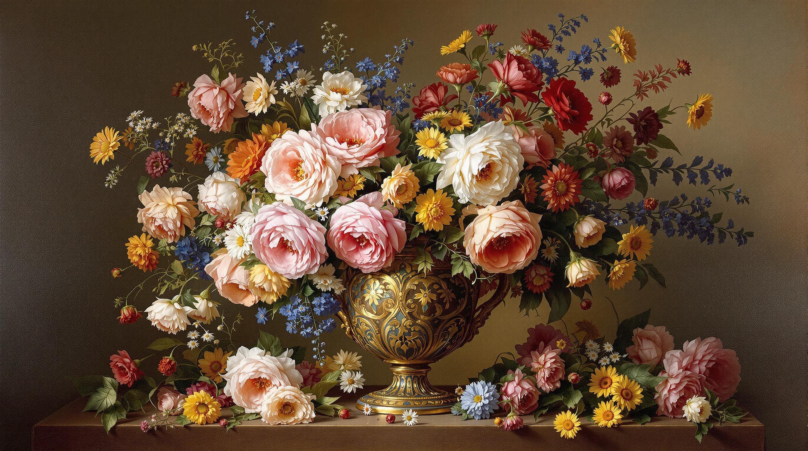 , A classical still life painting centered to perfection, ideal for digital wallpaper, showcasing a splendid vase brimming with an exquisite arrangement of flowers. The scene is a symphony of vibrant hues and delicate textures, capturing the timeless elegance synonymous with classical art. The vase, an ornate masterpiece, stands proudly at the heart of the composition, its intricate patterns echoing the craftsmanship of a bygone era. Surrounding the vase, a cascade of blossoms unfurls, each petal meticulously detailed, from soft, velvety roses in shades of blush and crimson to the vivid blues of cornflowers and the sunny yellows of daisies. The interplay of light and shadow, quintessential to the classical style, lends a palpable depth, with highlights illuminating the leaves and petals, and gentle shadows creating an inviting warmth. A subtle background, painted in muted earth tones, ensures the flowers take center stage, resulting in a harmonious yet striking piece that elevates any digital setting with its timeless beauty and refined grace.