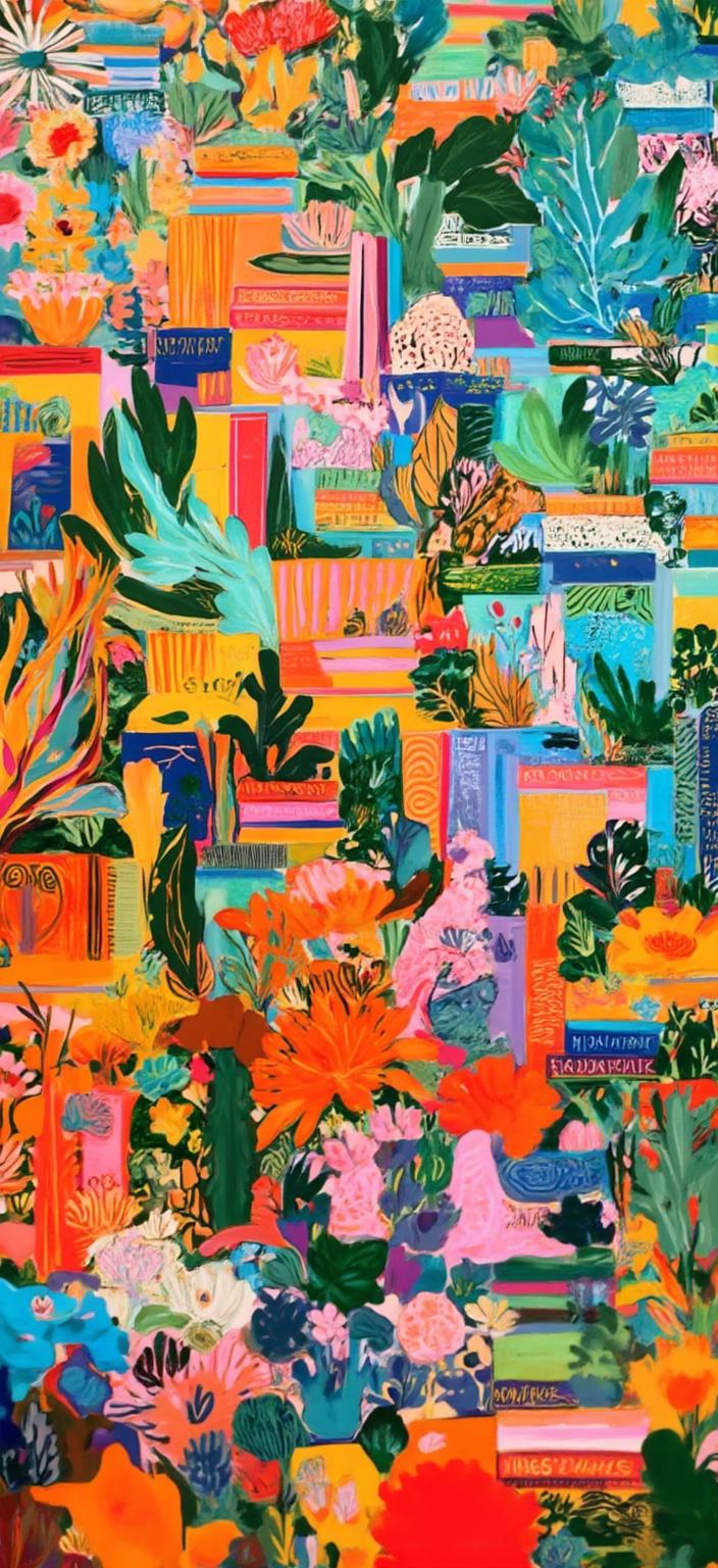 colorful_illustration, The painting features an inviting office room, masterfully rendered in vibrant and colorful illustration style. The scene is alive with dynamic energy and a playful, hand-drawn feel. Books are artfully arranged on shelves that seem to dance across the walls, their spines creating a kaleidoscope of colors and intriguing titles. Interspersed among the books, an array of lush plants adds a touch of nature, their leaves extending in whimsical, organic shapes that echo Scandinavian folk art and mid-century botanical prints.

The background is an intricate tapestry of colors and shapes, where organic forms and scattered decorative elements come together in a lively dance. Various leaves and floral elements are harmoniously arranged, their radial patterns and delicate details reminiscent of lavish decorative styles. Bold organic shapes coexist with delicate dots, swirls, and abstract motifs, creating a luxurious layering of colors and patterns that infuse the painting with depth and movement.

The overall composition is carefully centered, ensuring a crisp, clean look that makes it perfect for a digital wallpaper. The result is a lavish and dynamic office scene that captures the essence of creativity and tranquility, suitable for transforming any digital space into a sanctuary of inspiration and beauty.