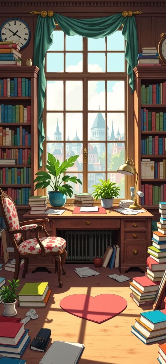 ghibli_illustration, Enriched prompt: Imagine a cozy office room, meticulously illustrated in the style of hand-drawn animation, capturing a whimsical and joyful aesthetic. The focal point is an abundance of books, beautifully detailed and scattered throughout the space, with some neatly organized on towering shelves, others stacked casually on a sturdy, wooden desk. Each book cover is uniquely illustrated with bright yet softly muted colors, contributing to a warm, dreamlike ambiance. 

The room is bathed in gentle, natural light, casting soft shadows that dance across the richly textured surfaces, enhancing the inviting mood of the space. The desk is accompanied by an expressive, vintage-style chair, its fabric intricately patterned, showcasing subtle imperfections that lend an organic touch. Everyday objects like a classic lamp, a potted plant, and an antique clock are rendered with meticulous attention to detail, breathing life into the scene and evoking a sense of nostalgia.

In the background, large windows offer glimpses of a tranquil, slightly blurred cityscape, suggesting a peaceful refuge amidst the busyness of the outside world. The overall composition maintains a dreamy, nostalgic quality, with proportions accurately depicted to ensure clarity and balance. This richly detailed scene is centered perfectly, ensuring it's crisp and clean, making it ideal for printing as a stunning digital wallpaper that transforms any space into a sanctuary of creativity and knowledge.